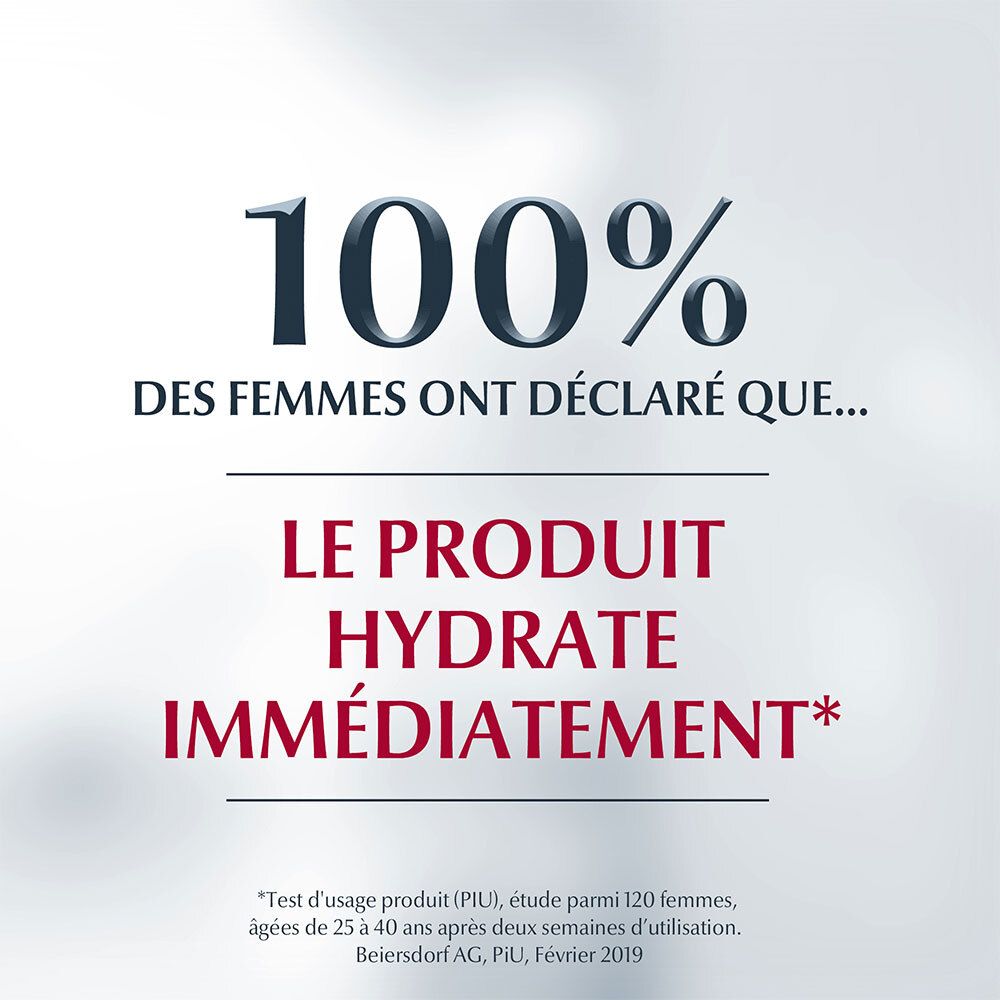 Tekst: 100% van de vrouwen gaf aan dat het product onmiddellijk hydrateert. Tekst: Studie met 120 vrouwen.
