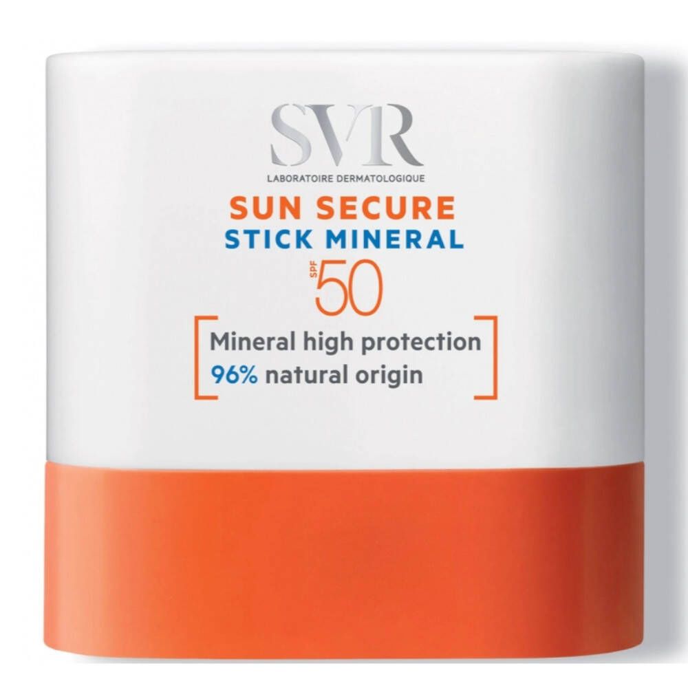 SVR SUN SECURE MINERALS STICK SPF 50+. Witte houder met oranje accenten. Tekst: Minerale hoge bescherming, 96% natuurlijke oorsprong.