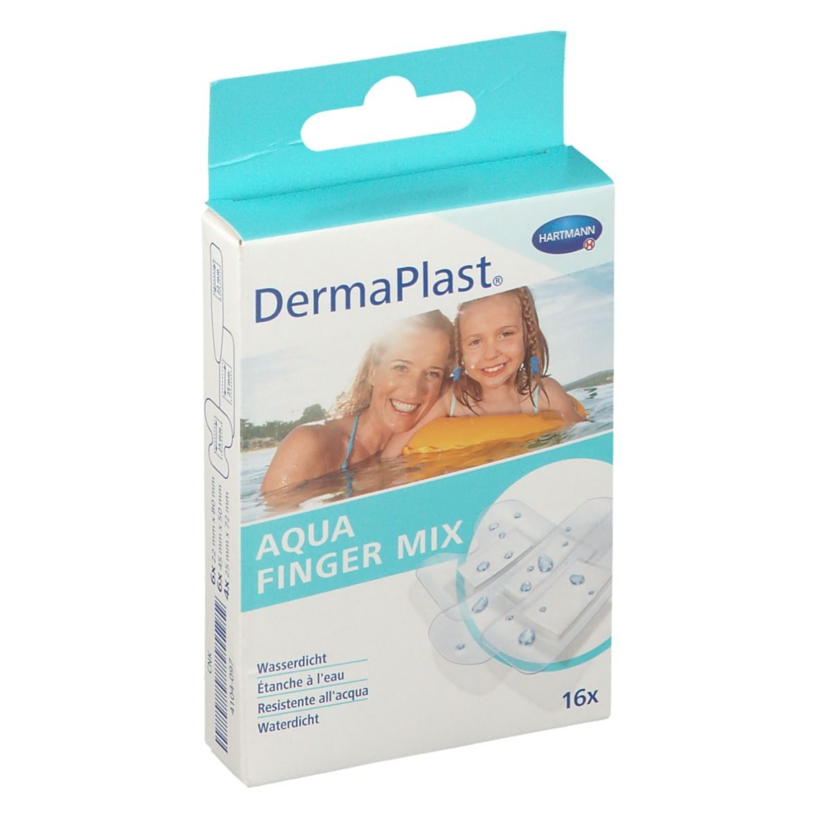 Emballage de Dermaplast Aqua Finger Mix. Inscription : logo, nom du produit, 16 pièces. Image d'une mère et d'un enfant dans l'eau.