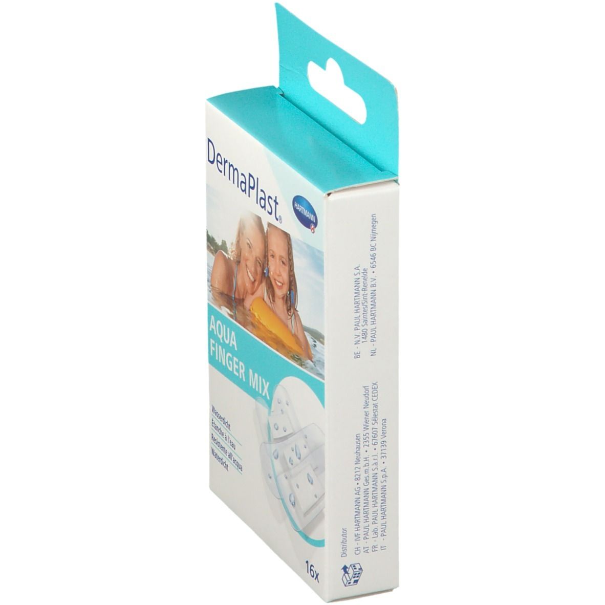 Emballage latéral de Dermaplast Aqua Finger Mix. Logo, nom du produit, image d'une mère et d'un enfant dans l'eau, 16 pièces.