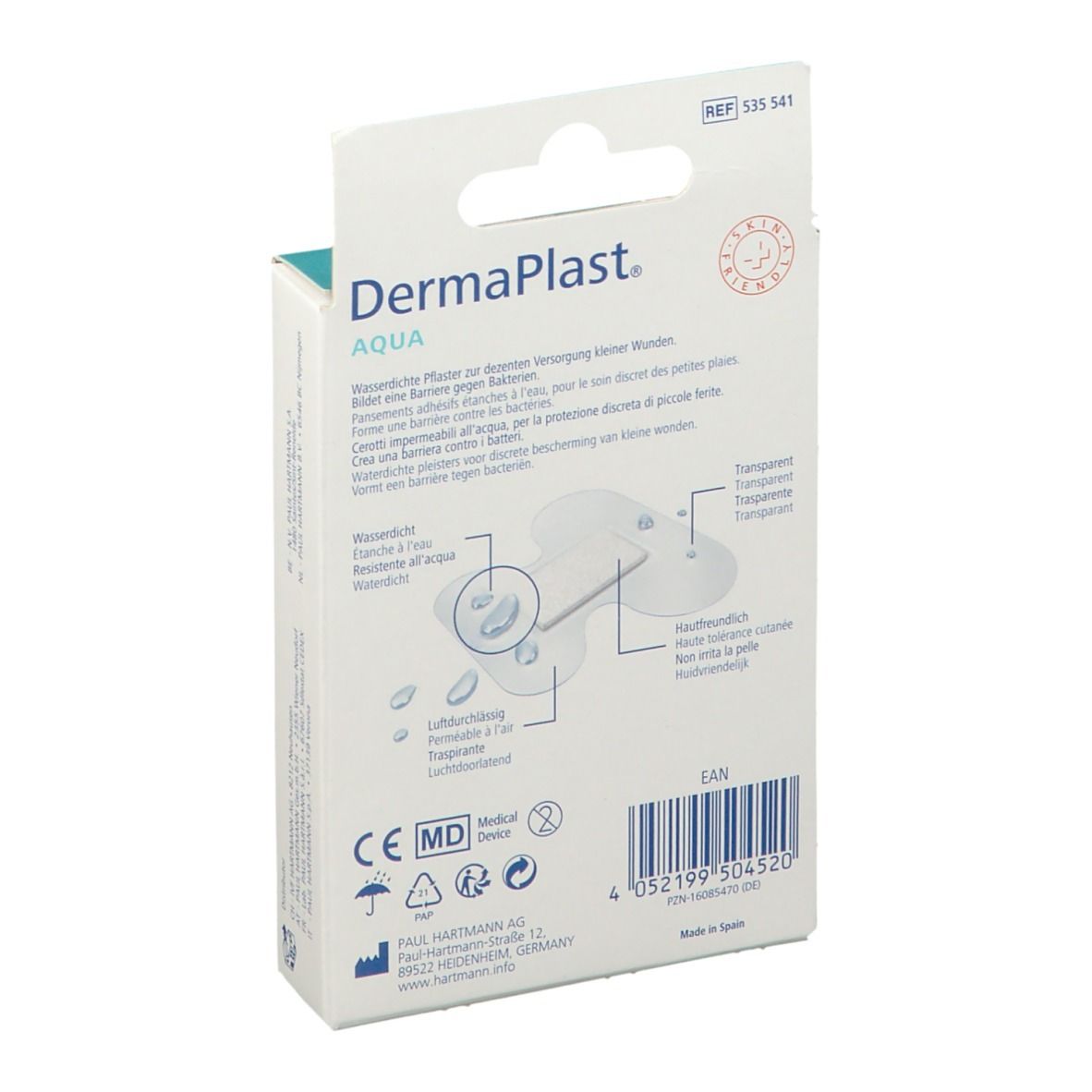 Dos de l'emballage Dermaplast Aqua. Nom du produit, pansements transparents, marquage CE, informations du fabricant, code EAN.
