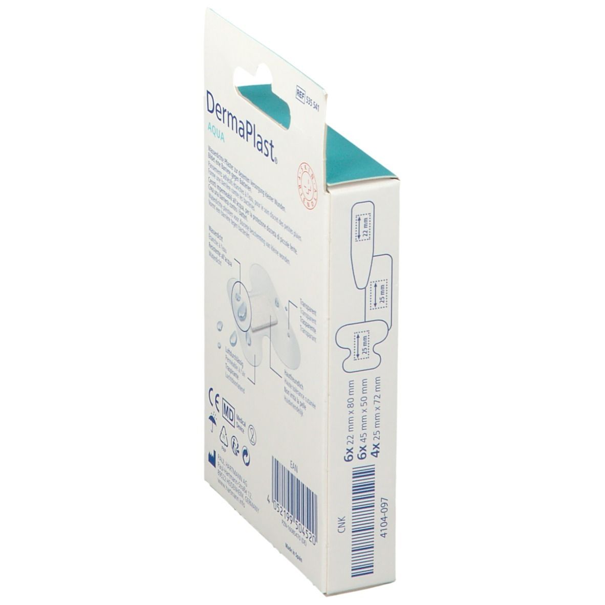 Dos de l'emballage Dermaplast Aqua. Nom du produit, pansements transparents, indications de taille, marquage CE, code EAN.