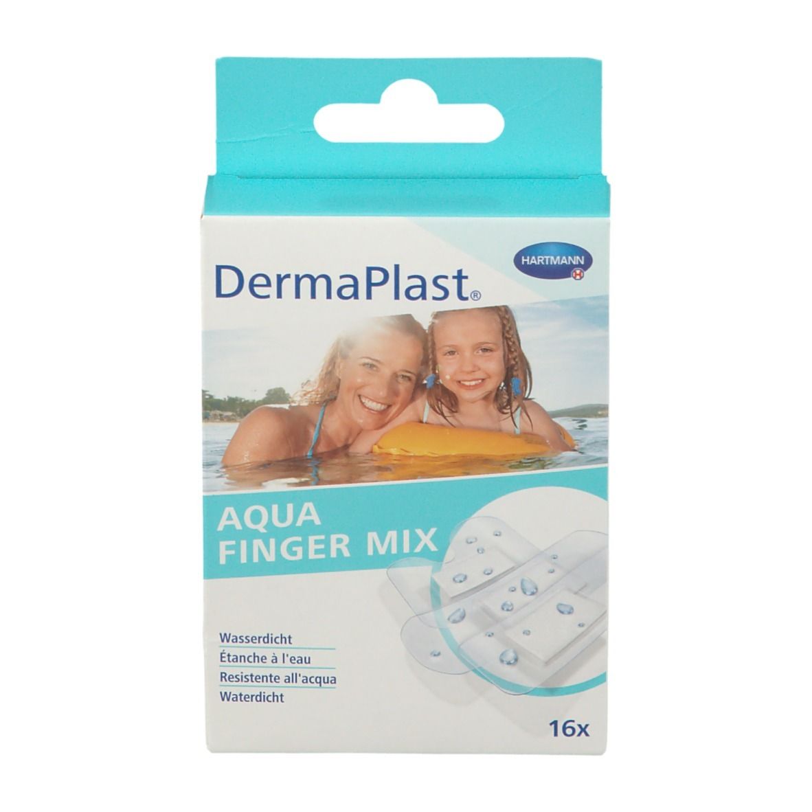 Emballage Dermaplast Aqua Finger Mix. Logo, nom du produit, 16 pièces. Image d'une mère et d'un enfant dans l'eau. Étanche.
