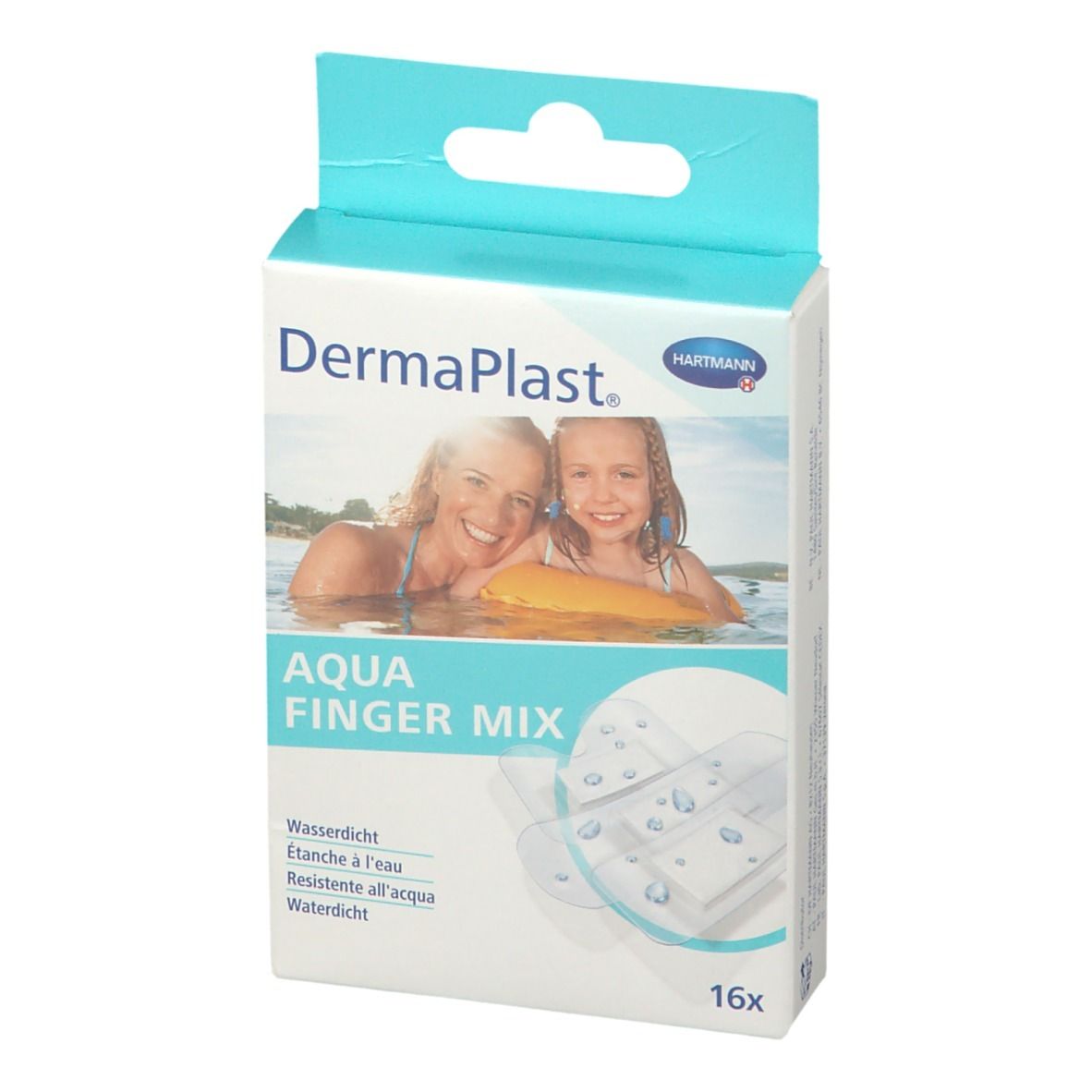 Emballage Dermaplast Aqua Finger Mix. Logo, nom du produit, 16 pièces. Image d'une mère et d'un enfant dans l'eau. Étanche.