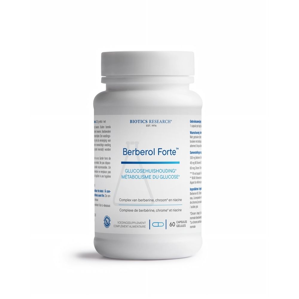 Witte fles met schroefdop. Opschrift: Berberol Forte™. BIOTICS RESEARCH®. 60 capsules.