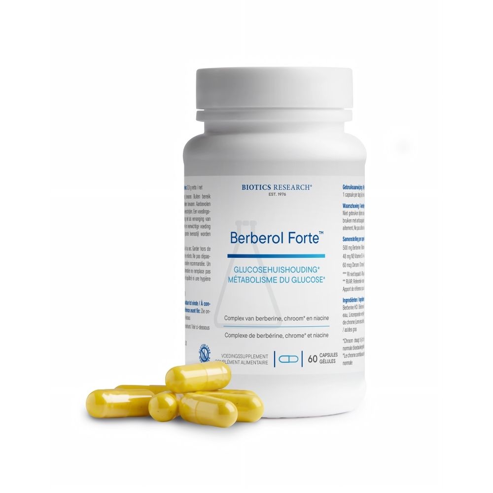 Witte fles met schroefdop en gele capsules ernaast. Opschrift: Berberol Forte™. 60 capsules.