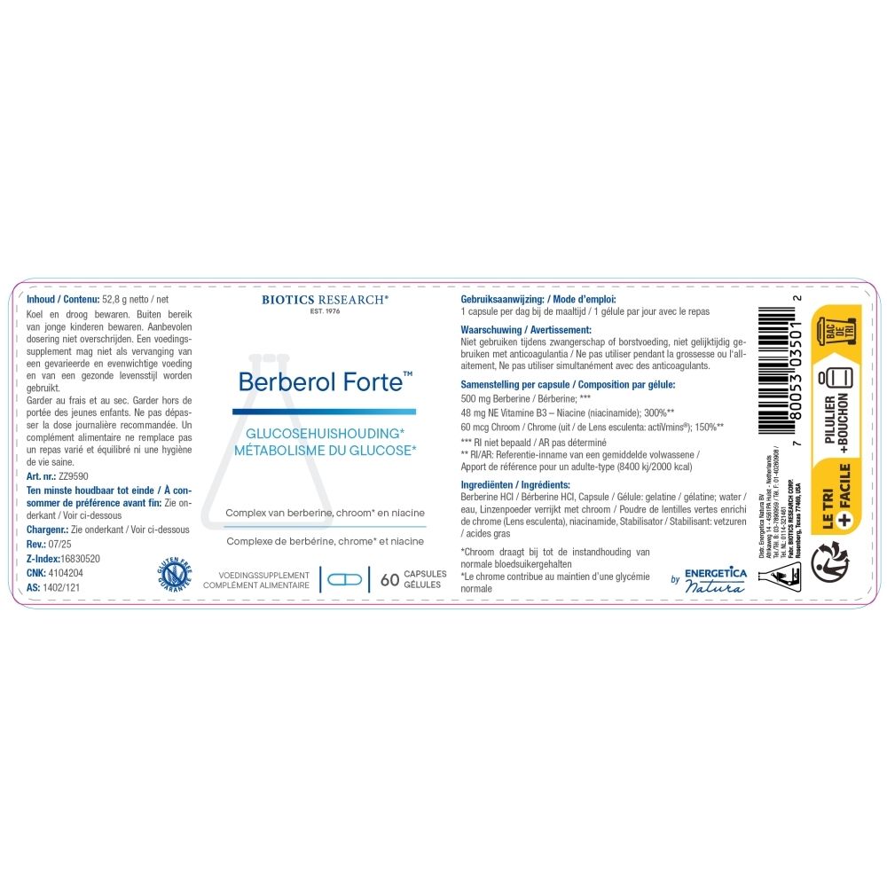 Achterkant van de fles. Opschrift: Berberol Forte™. BIOTICS RESEARCH®. 60 capsules. Informatie.