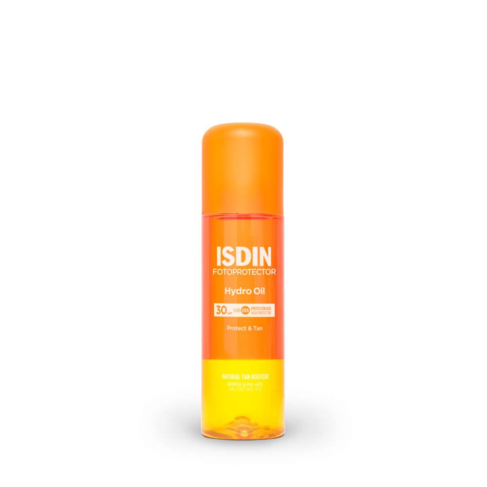 FOTOPROTECTOR ISDIN HydroOil SPF 30. Fles met oranje dop. Productlabel zichtbaar.
