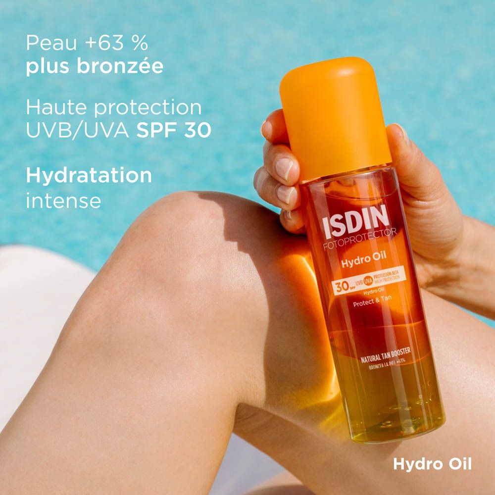 FOTOPROTECTOR ISDIN HydroOil SPF 30. Texte: Peau +63% bronzée, haute protection UVB/UVA SPF 30, hydratation intense.