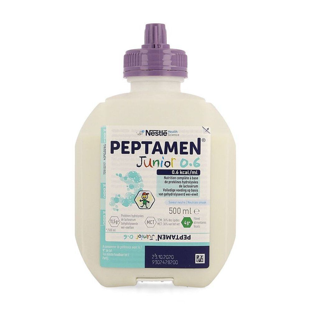 Witte fles met paarse dop. Opschrift: PEPTAMEN Junior 0.6, 500 ml. Merk: Nestlé.