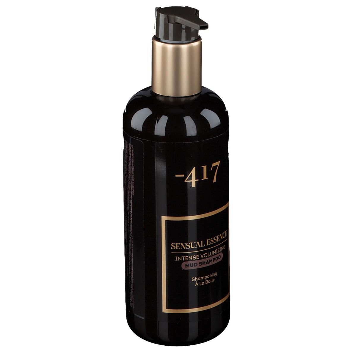 Flacon noir avec pompe. Inscription: -417, Sensual Essence, Intense Volumizing Mud Shampoo.