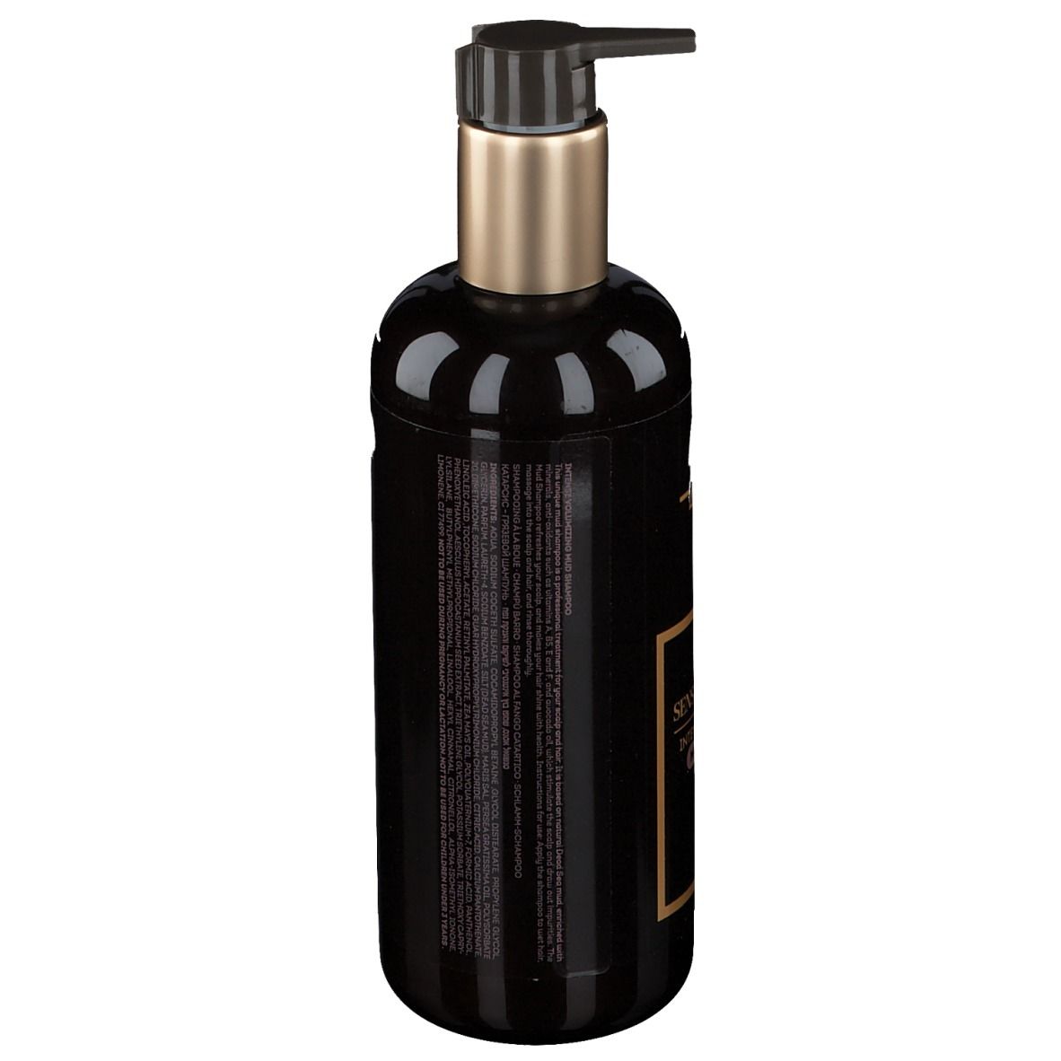 Flacon noir avec pompe. Inscription: -417, Sensual Essence, Intense Volumizing Mud Shampoo. Texte au dos.