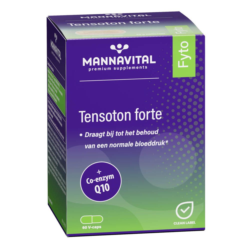 Paarse doos Tensoton forte. Bevat Co-enzym Q10. 60 V-caps. Merk Mannavital.