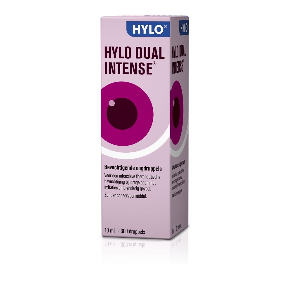 Flacon de gouttes oculaires HYLO DUAL INTENSE® avec étiquette rouge et motif oculaire.