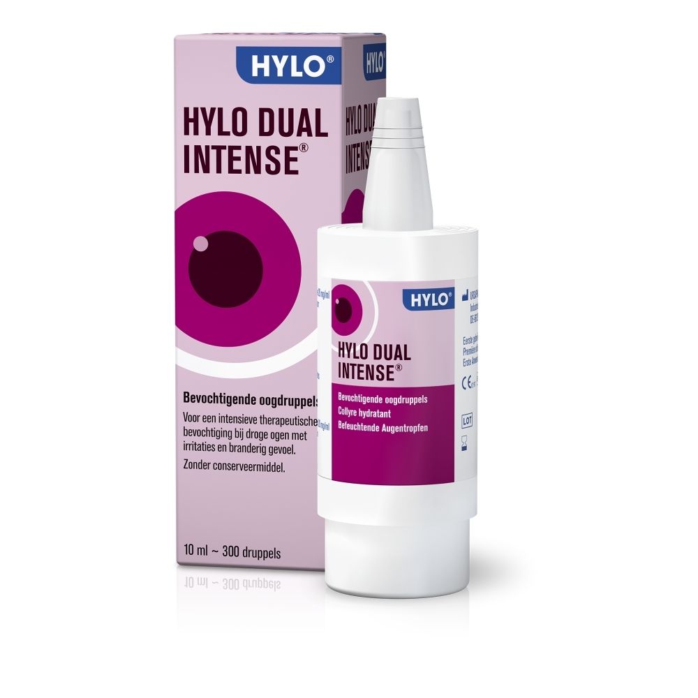 Verpakking HYLO DUAL INTENSE® met oogmotief en productinformatie.