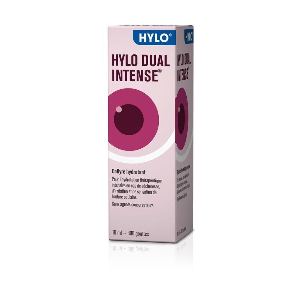 HYLO DUAL INTENSE verpakking met oogafbeelding, gedetailleerde beschrijving.