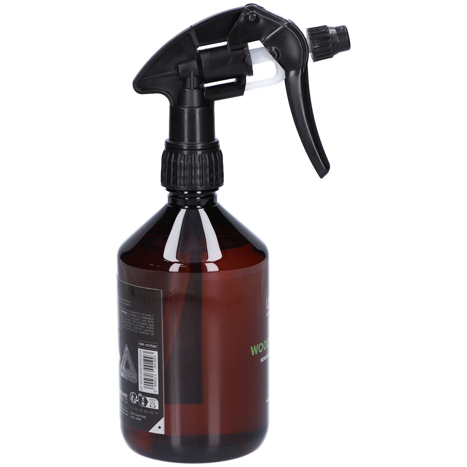 Flacon pulvérisateur brun avec tête noire. Vue latérale. Autocollant avec symboles d'avertissement et texte.