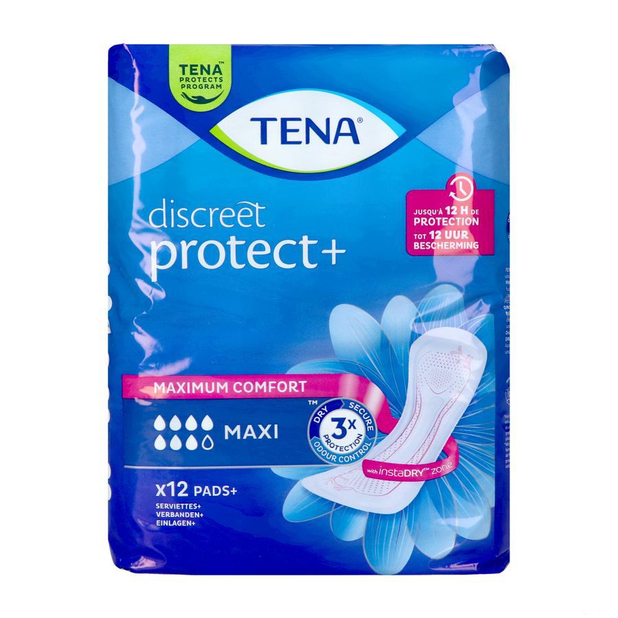 TENA Discreet protect+ Maxi. Verpakking met 12 inlegkruisjes. Blauwe verpakking met productafbeelding en logo's.