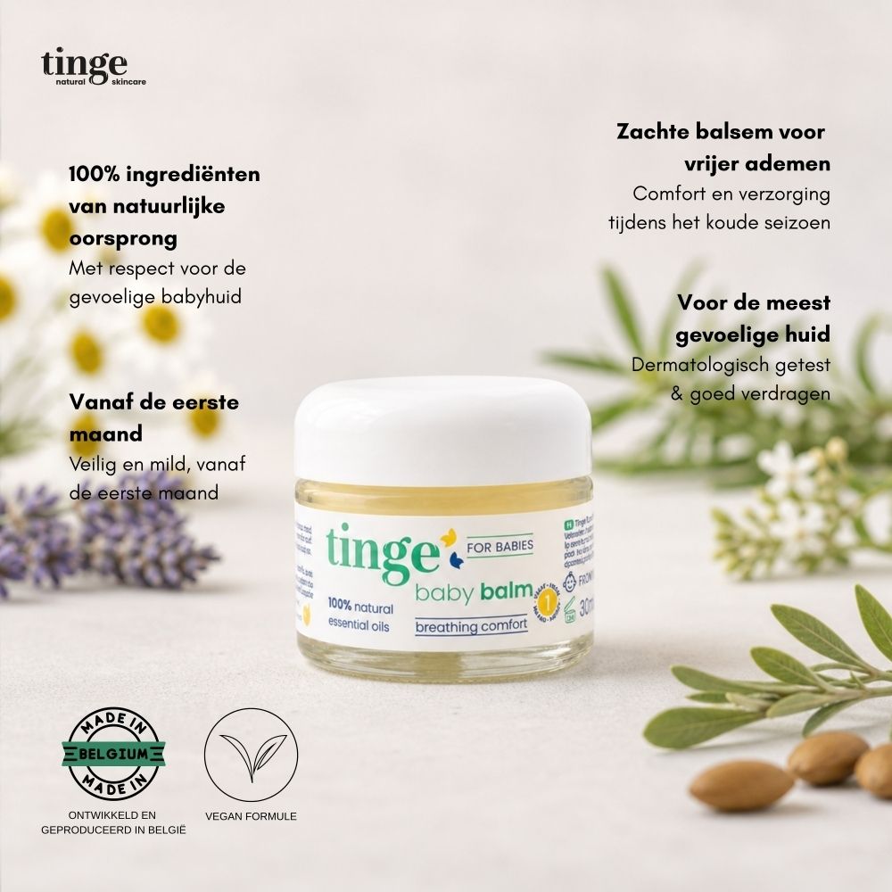 Tinge for Babies Balsem pot met gebruiks- en ingrediënteninformatie.