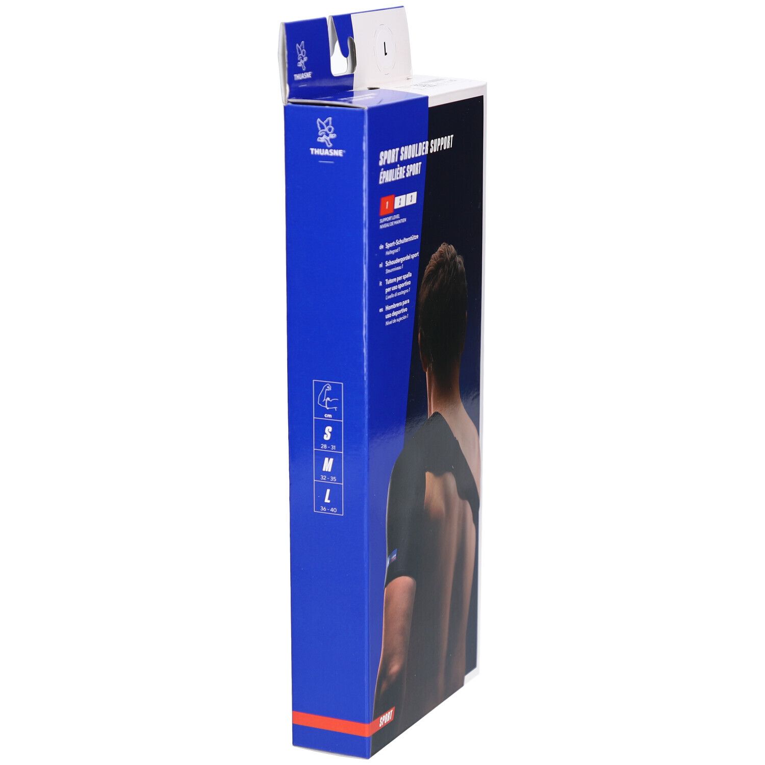 Support d'épaule en emballage. Tailles S, M, L. Inscription : Sport Shoulder Support, Thuasne.