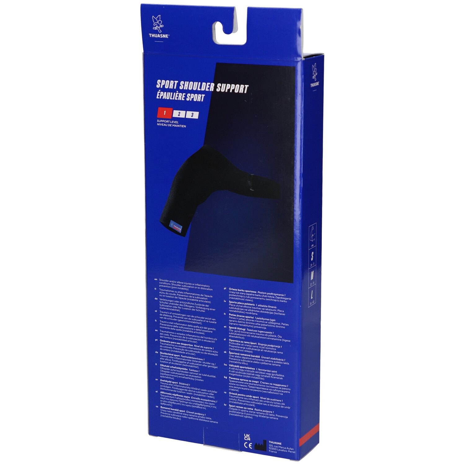 Dos de l'emballage. Support d'épaule illustré. Inscription : Sport Shoulder Support, Thuasne.