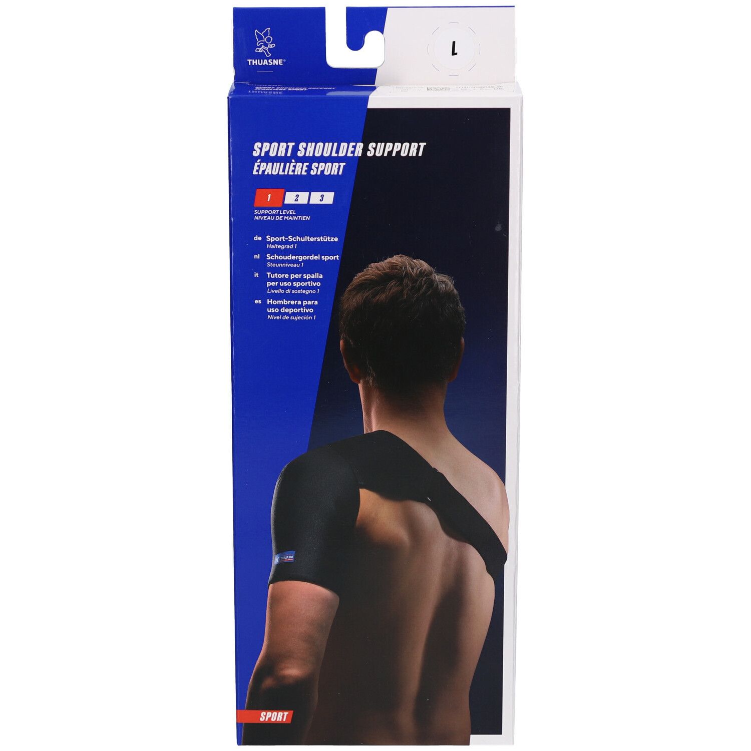 Support d'épaule en emballage. Noir, taille L. Inscription : Sport Shoulder Support, Thuasne.