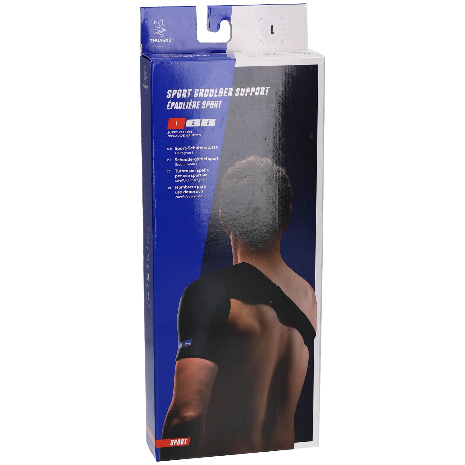 Support d'épaule en emballage. Noir, taille L. Inscription : Sport Shoulder Support, Thuasne.
