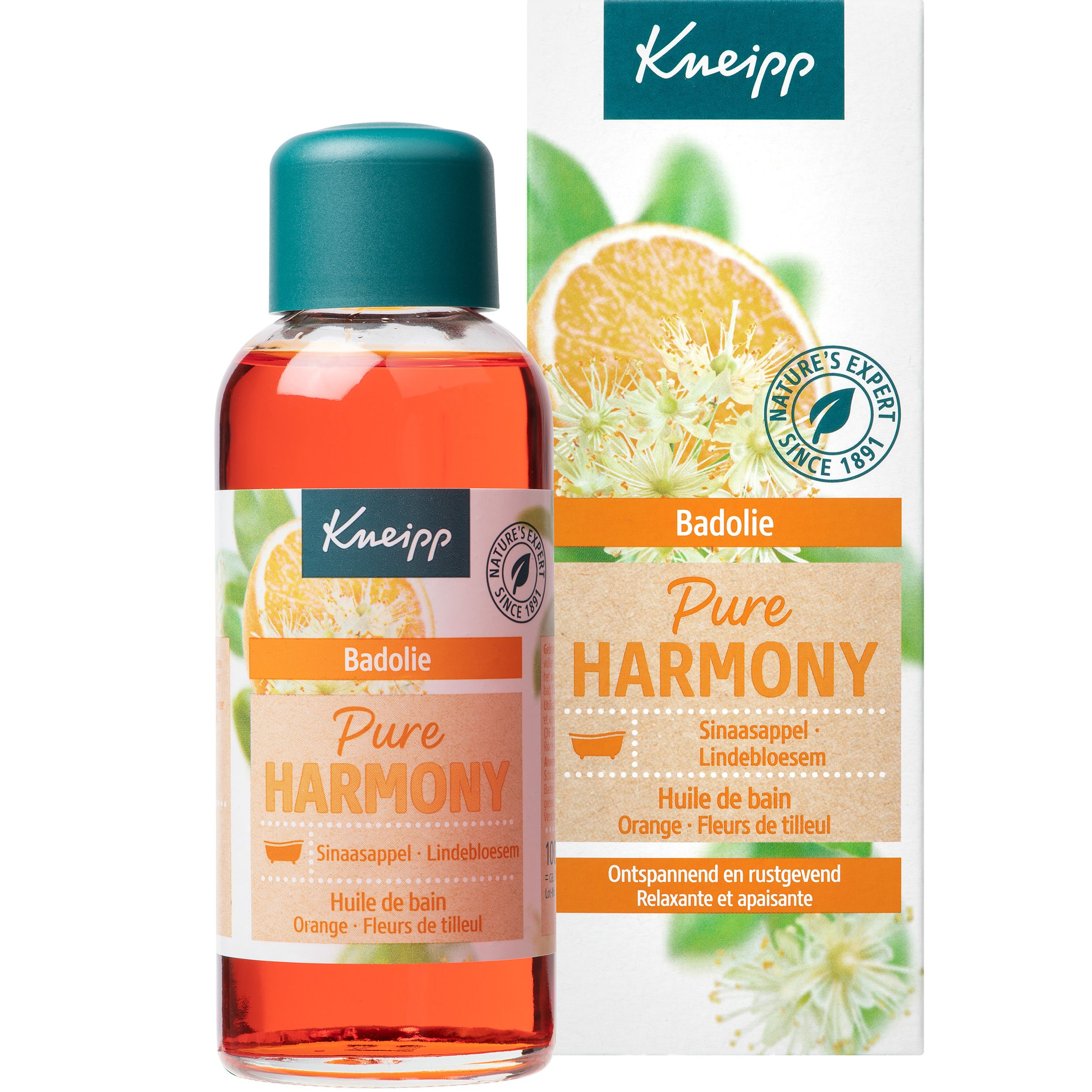 Kneipp Badeöl fles en verpakking. Sinaasappel-Linde. Groen-oranje design. Natuurzegel.