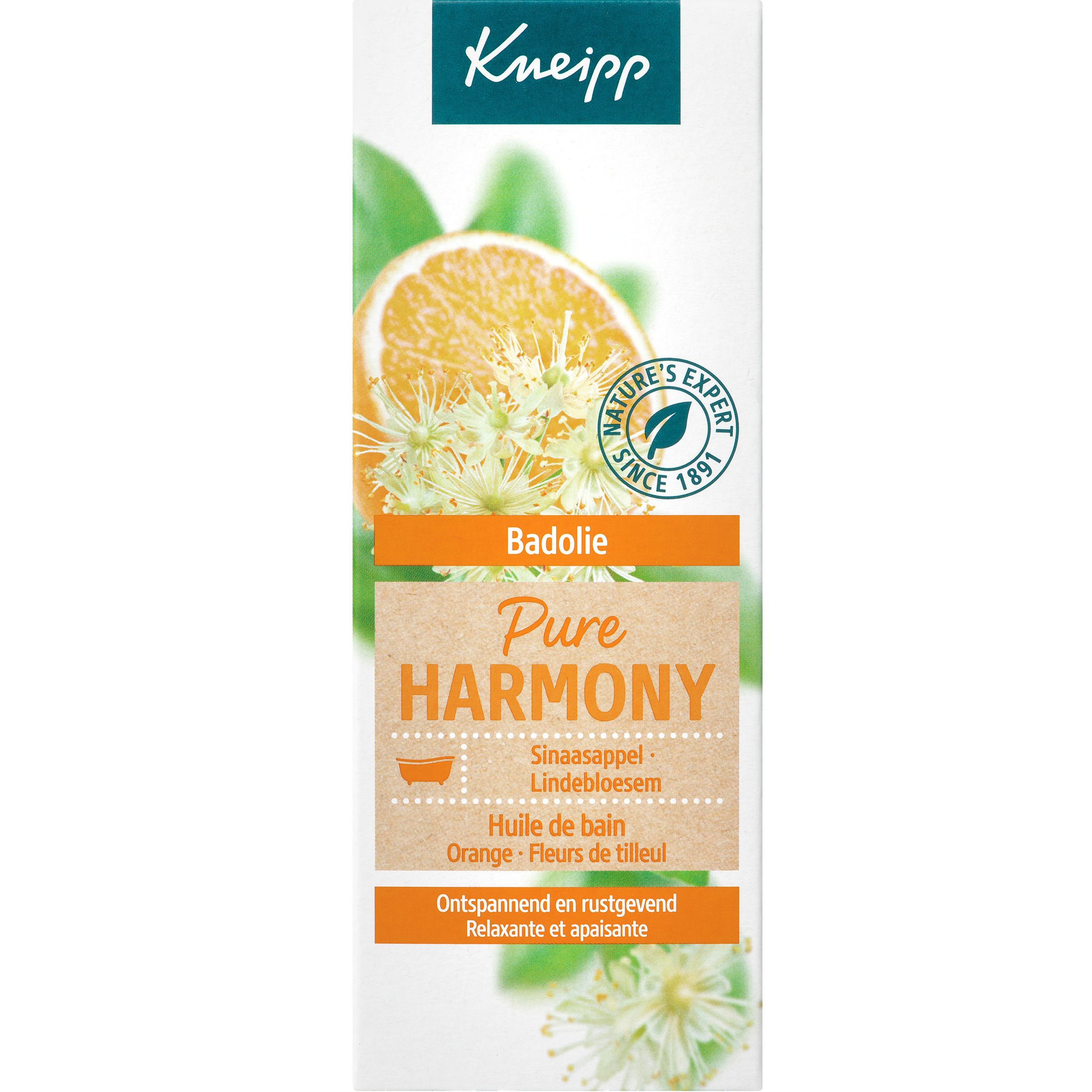 Verpakking van Kneipp badolie. Tekst: Pure Harmony, Sinaasappel, lindebloesem. Gebruiksaanwijzing. Groen en oranje.