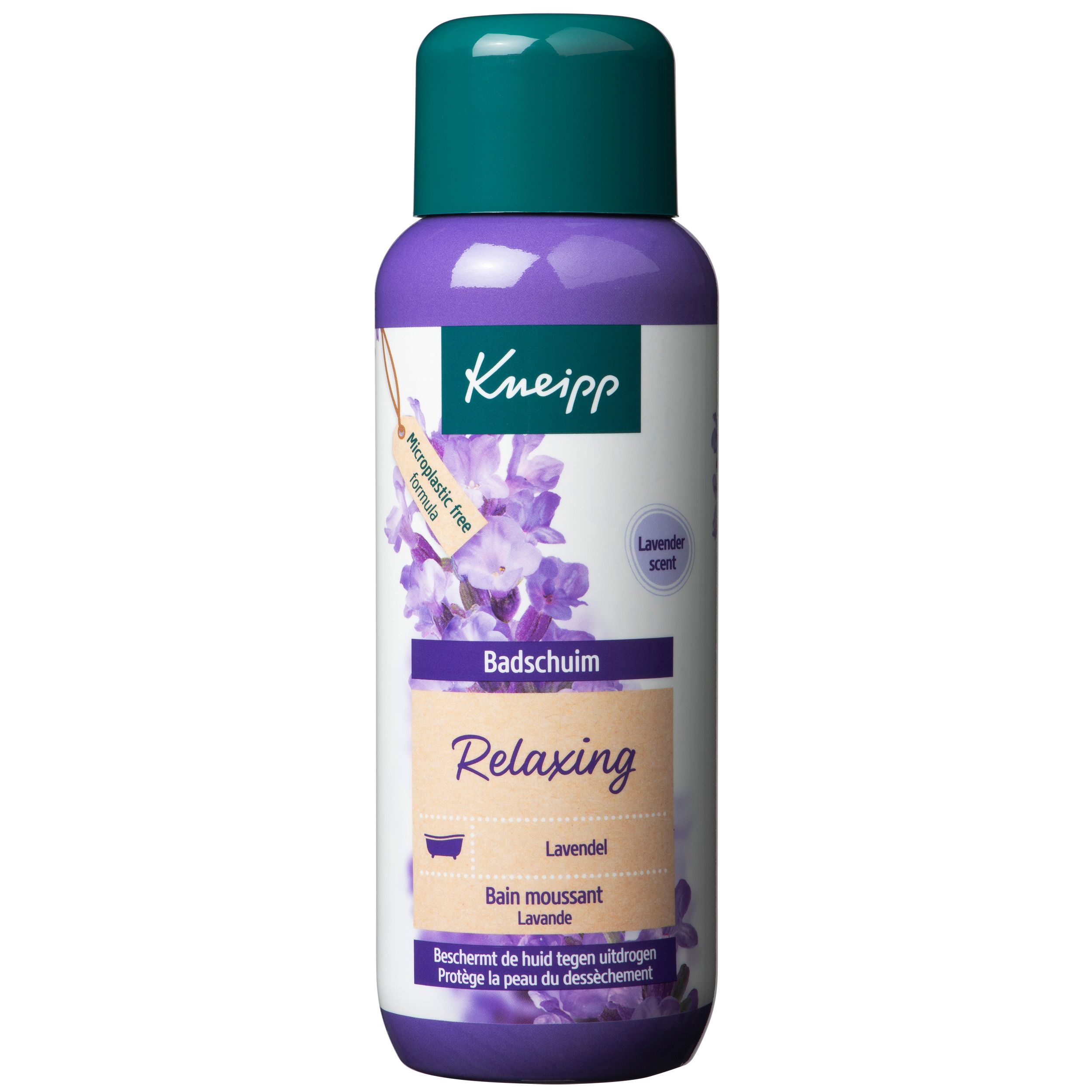Fles Kneipp Badschaum Lavendel. Paarse fles met groene dop. Etiket met lavendel illustratie en productnaam.