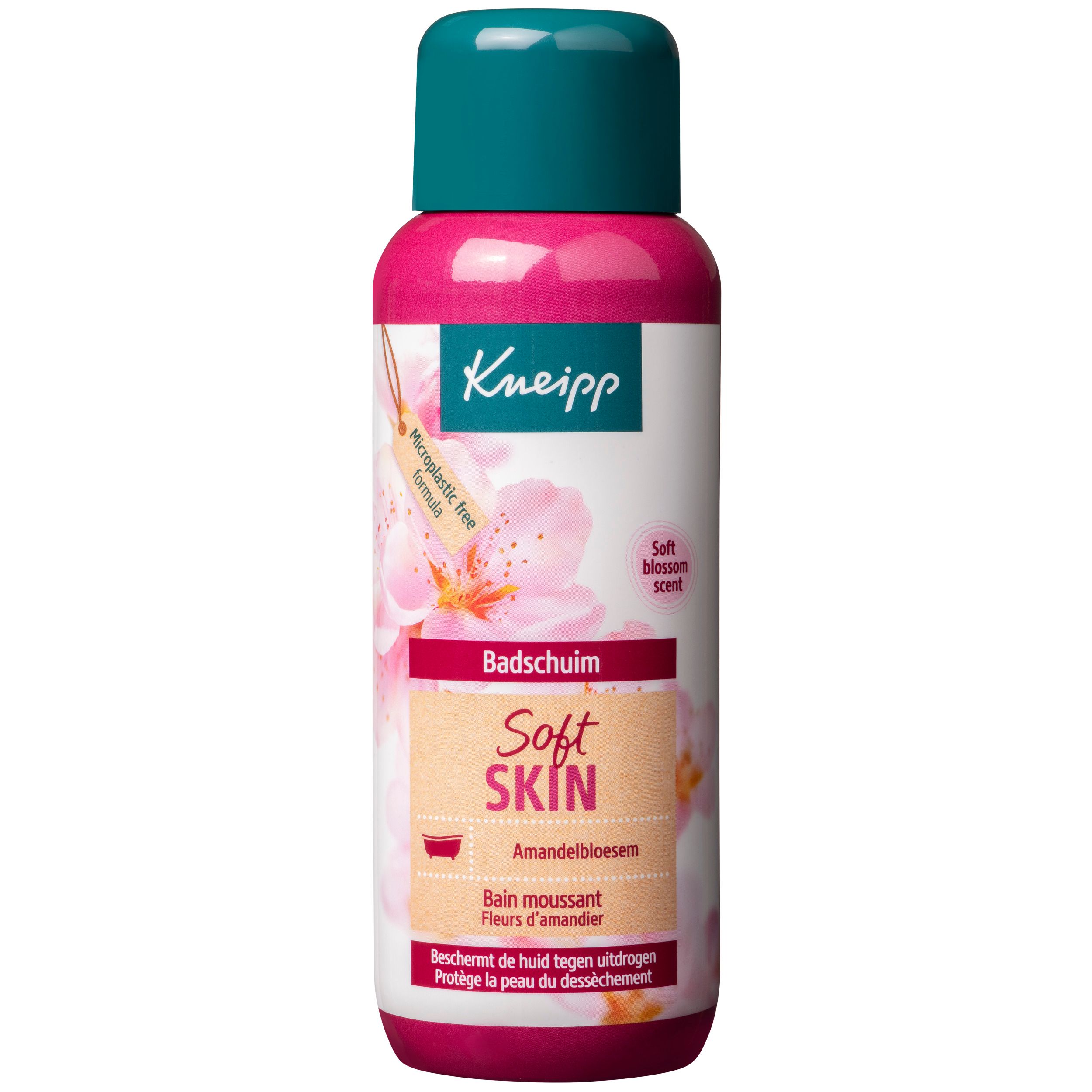 Kneipp® Badschuim Amandelbloesem. Roze fles, groene dop, bloemenmotief. Soft Skin. Microplasticvrij.