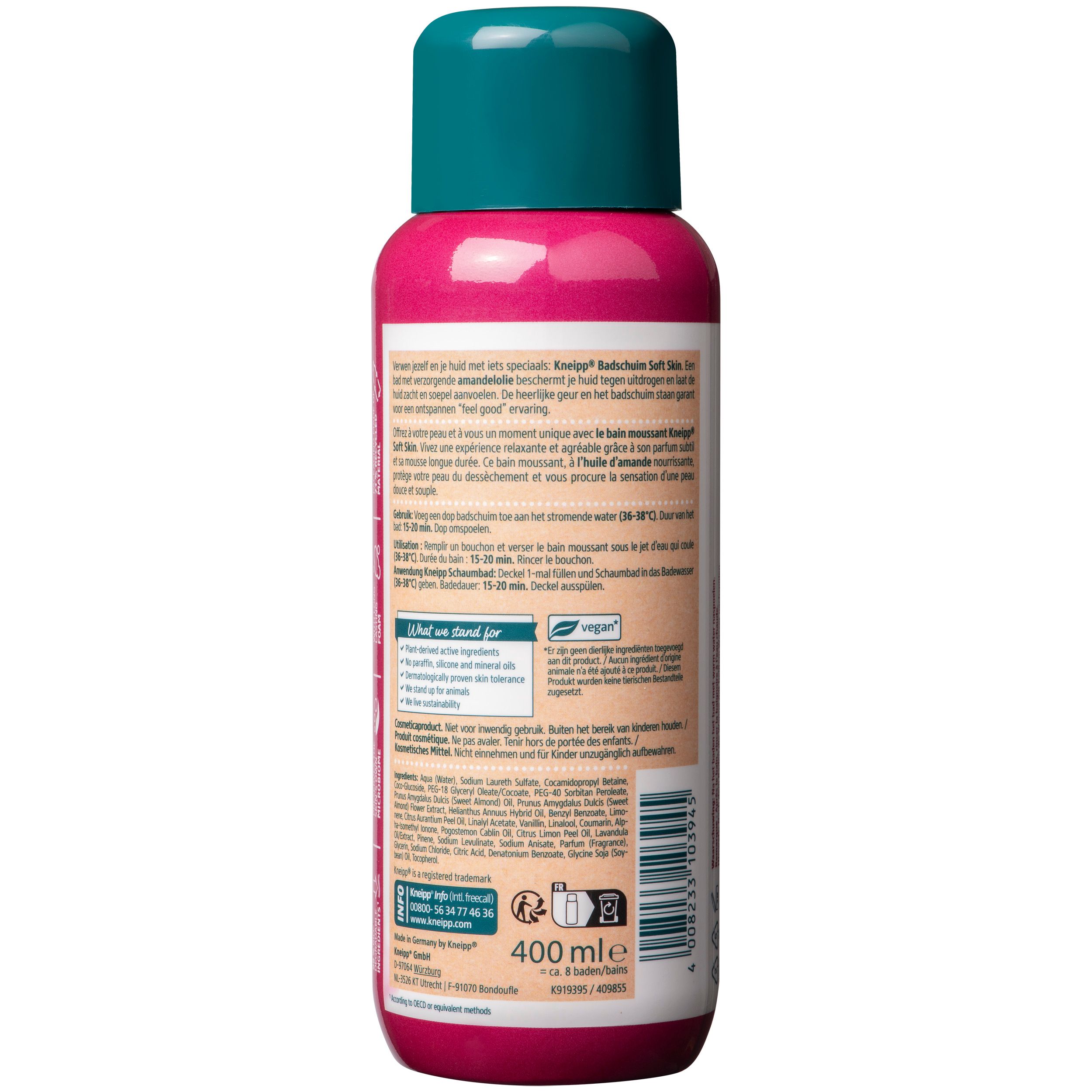 Achterkant Kneipp® Amandelbloesem fles. Informatie en ingrediënten. 400 ml. Vegan.