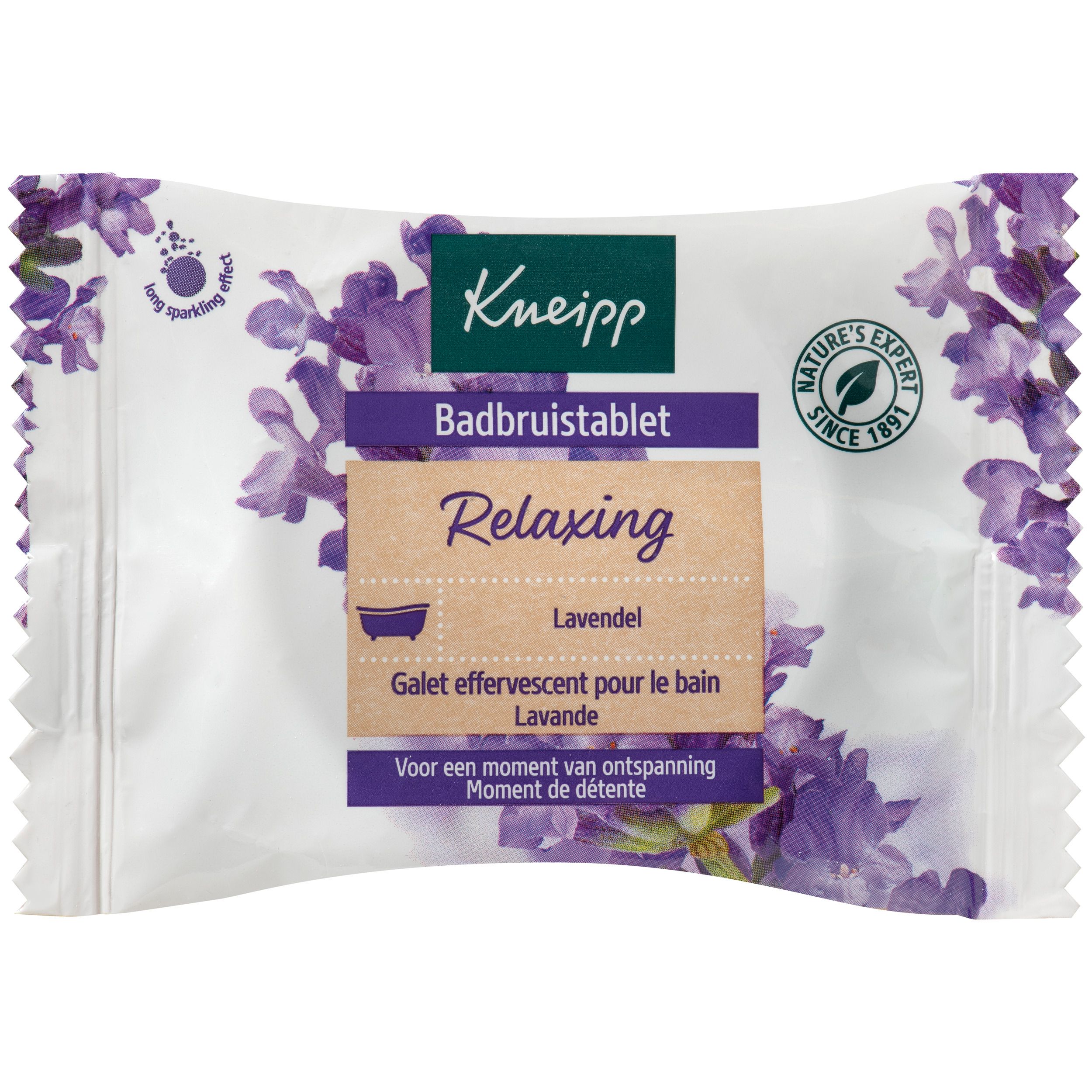 Kneipp® bruistablet, voorkant. Tekst: Badbruistablet, Relaxing, Lavendel. Bloemenpatroon en Kneipp logo.