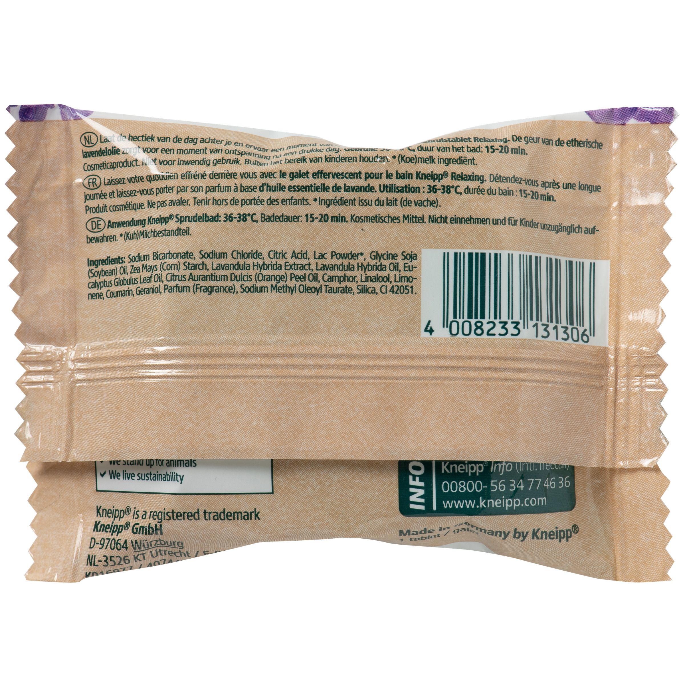 Achterkant van de Kneipp® bruistablet. Tekst: ingrediënten, gebruiksaanwijzing, fabrikantinfo, barcode.