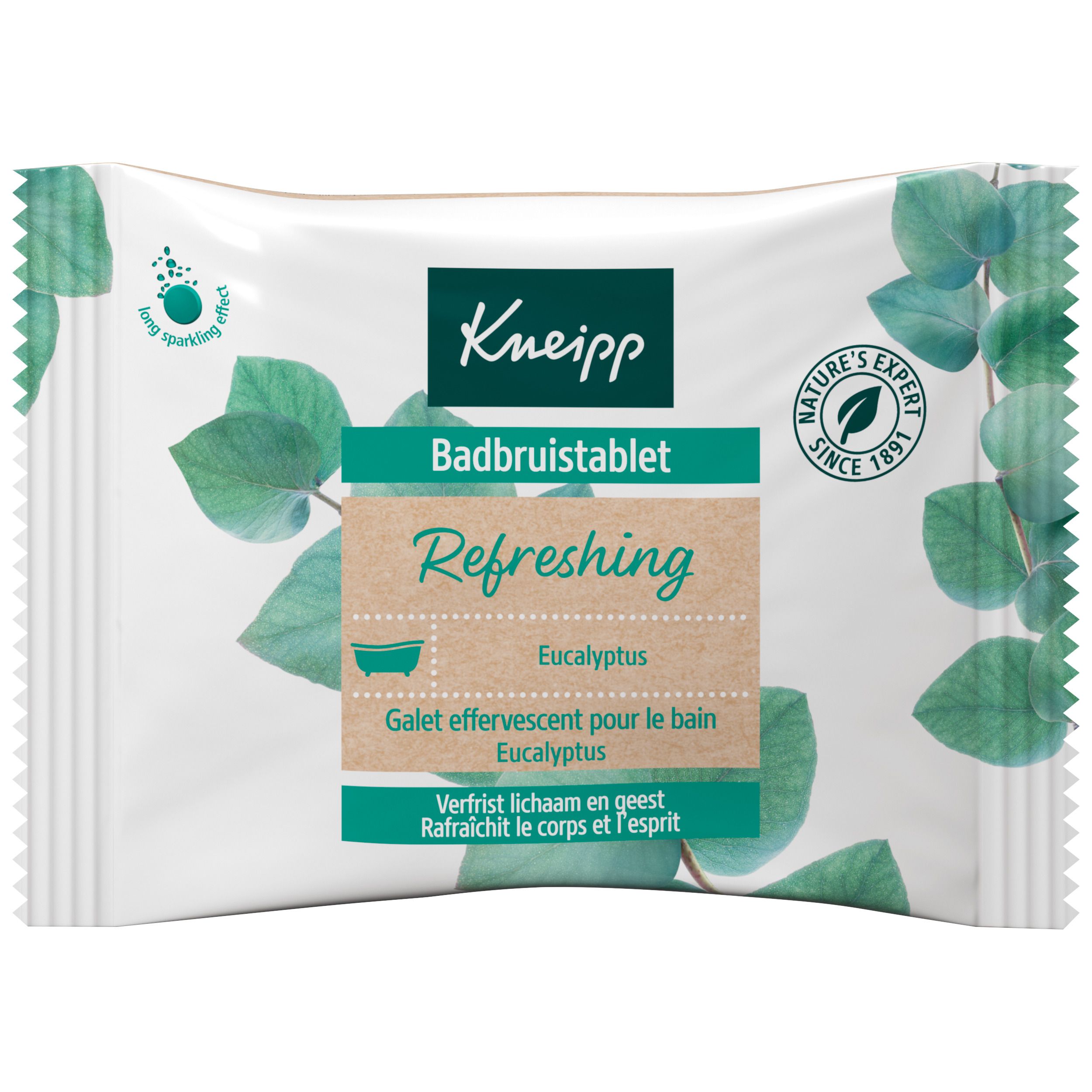 Verpakking met bruistablet. Merk Kneipp, opschrift "Refreshing Eukalyptus". Groen-witte bladerdecoratie. Zegel "Nature's Expert". 