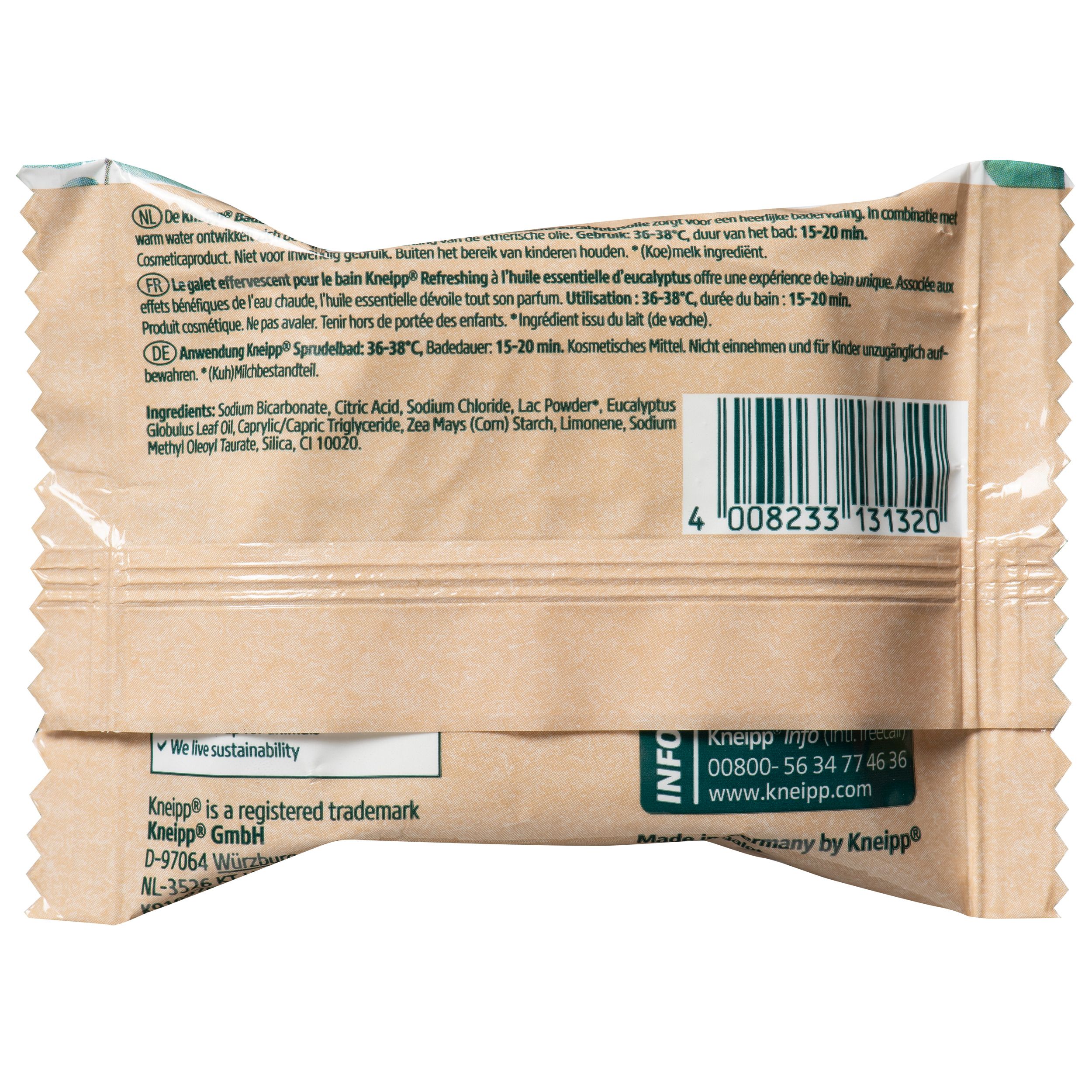 Dos de l'emballage avec informations produit. Code-barres et coordonnées du fabricant. Marque Kneipp. Texte multilingue.