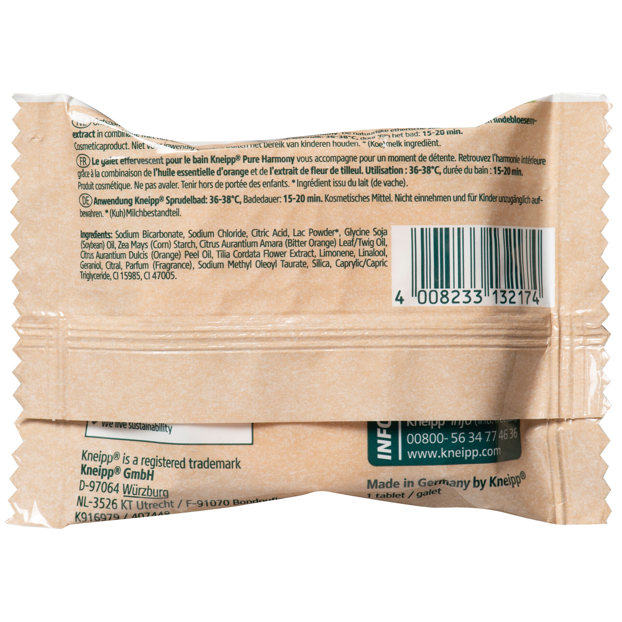 Achterkant van de bruistabletverpakking. Bevat informatie over ingrediënten, gebruik en fabrikant. Met barcode.