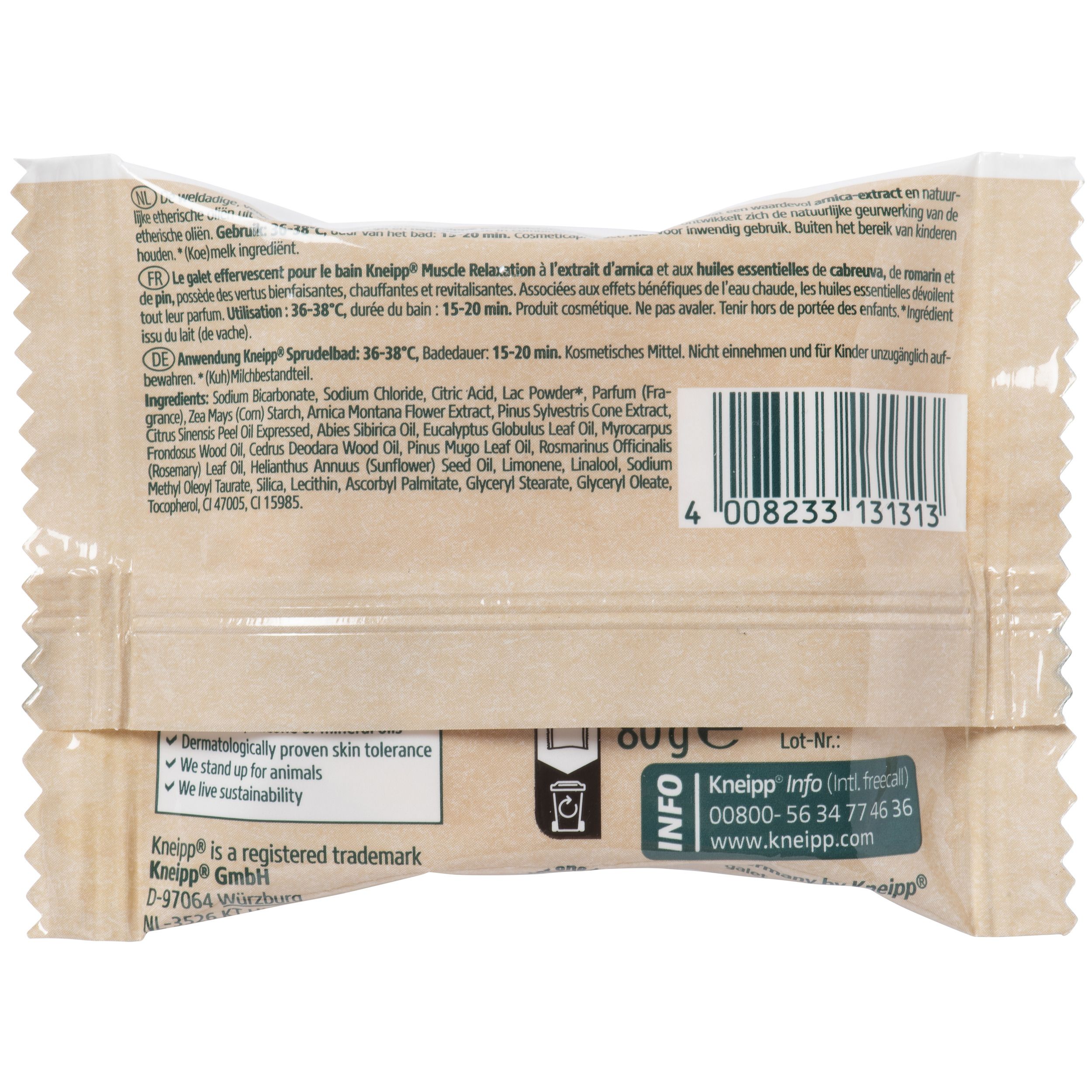 Achterkant Kneipp Muscle Relaxation bruistablet. Tekst: ingrediënten, gebruiksaanwijzing. Barcode en Kneipp logo.