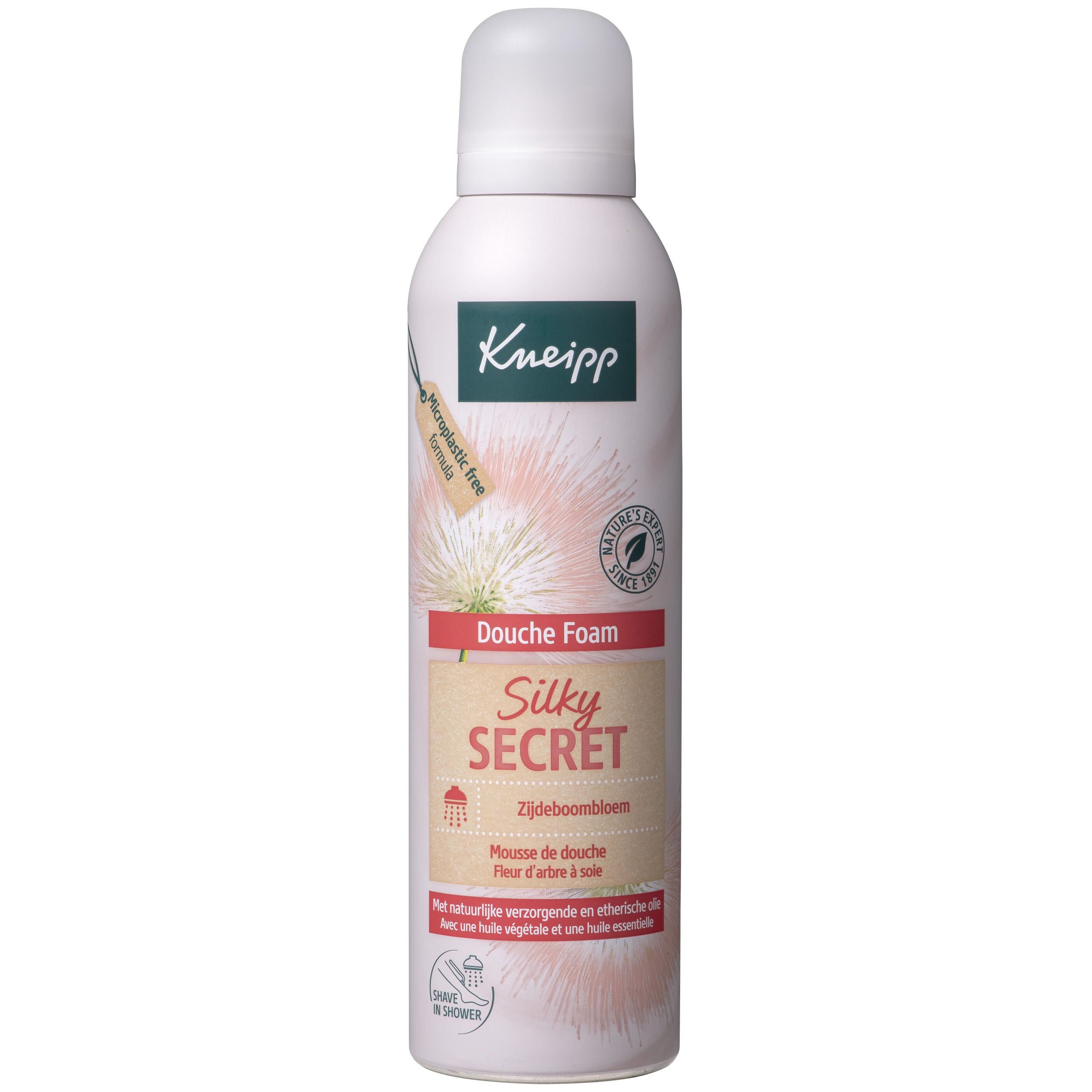 Mousse de douche Kneipp Silky Secret. Bouteille blanche, bouchon argenté. Nom du produit et logo visibles. Motif floral rose.