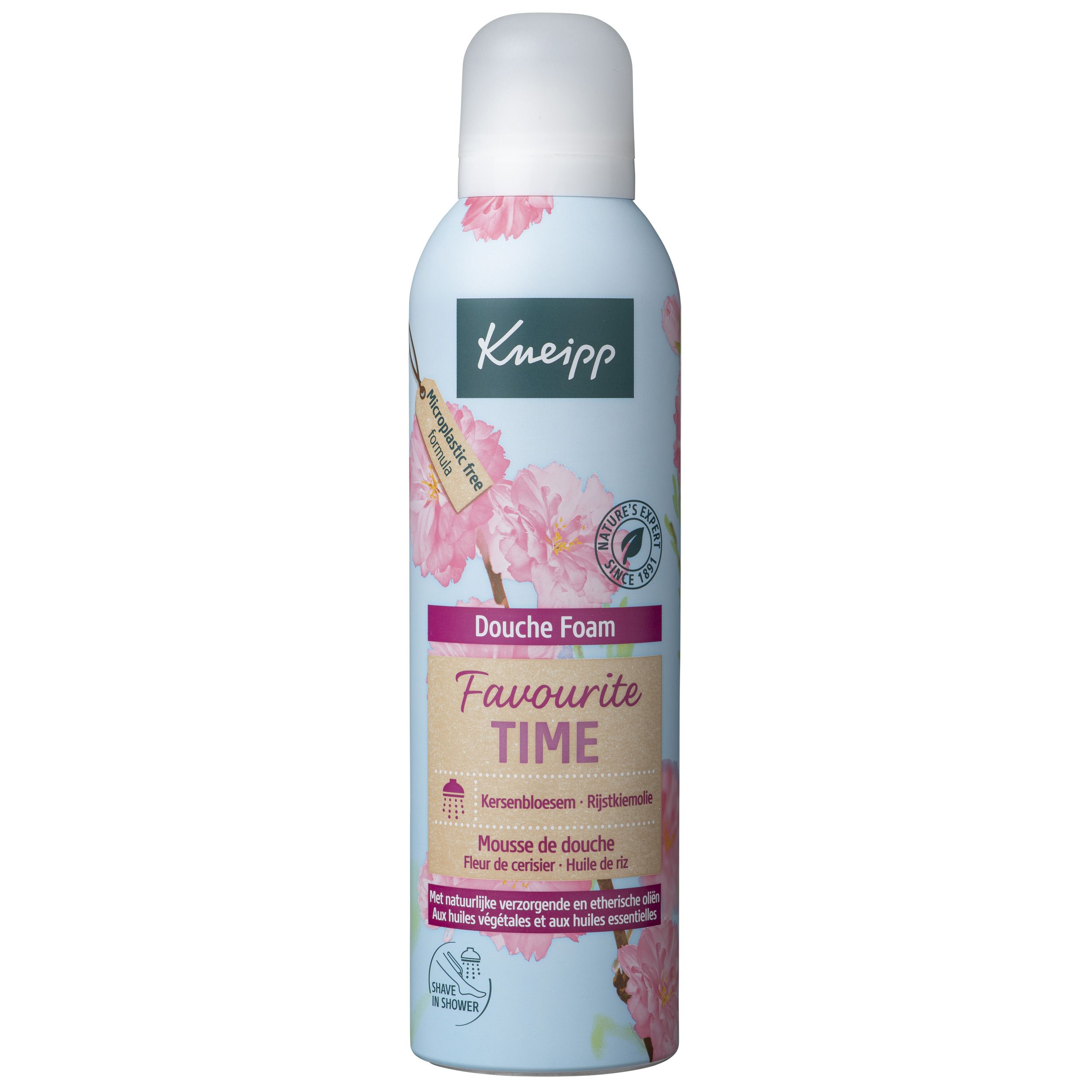 Mousse de douche Kneipp® Cherry Blossom. Flacon bleu clair avec motif fleurs de cerisier. Nom du produit et logo visibles. Tête argentée.