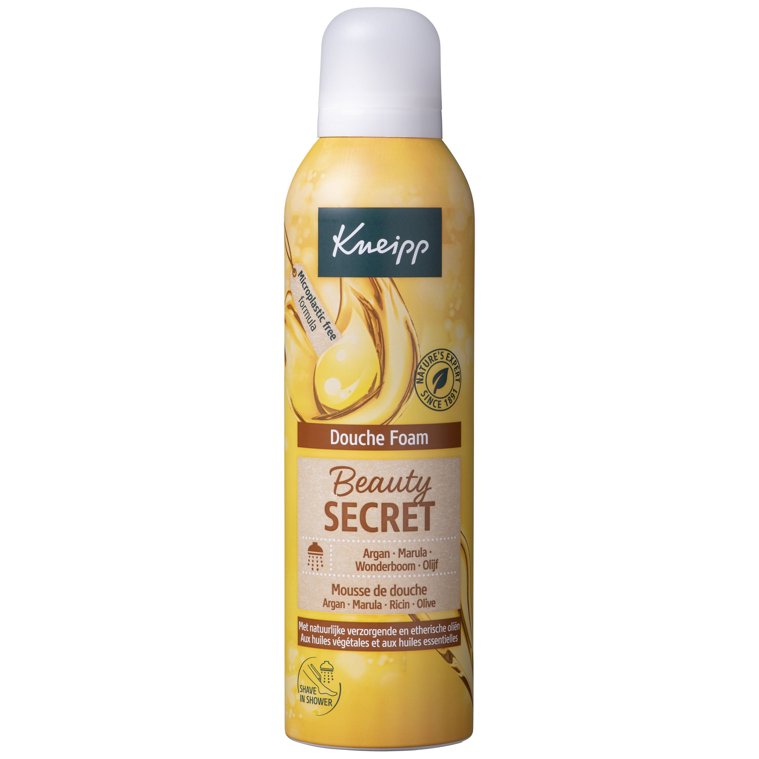 Gele fles Kneipp Duschschaum Beauty Secret. Zilveren sproeikop. Bevat argan-, marula- en wonderboomolie.