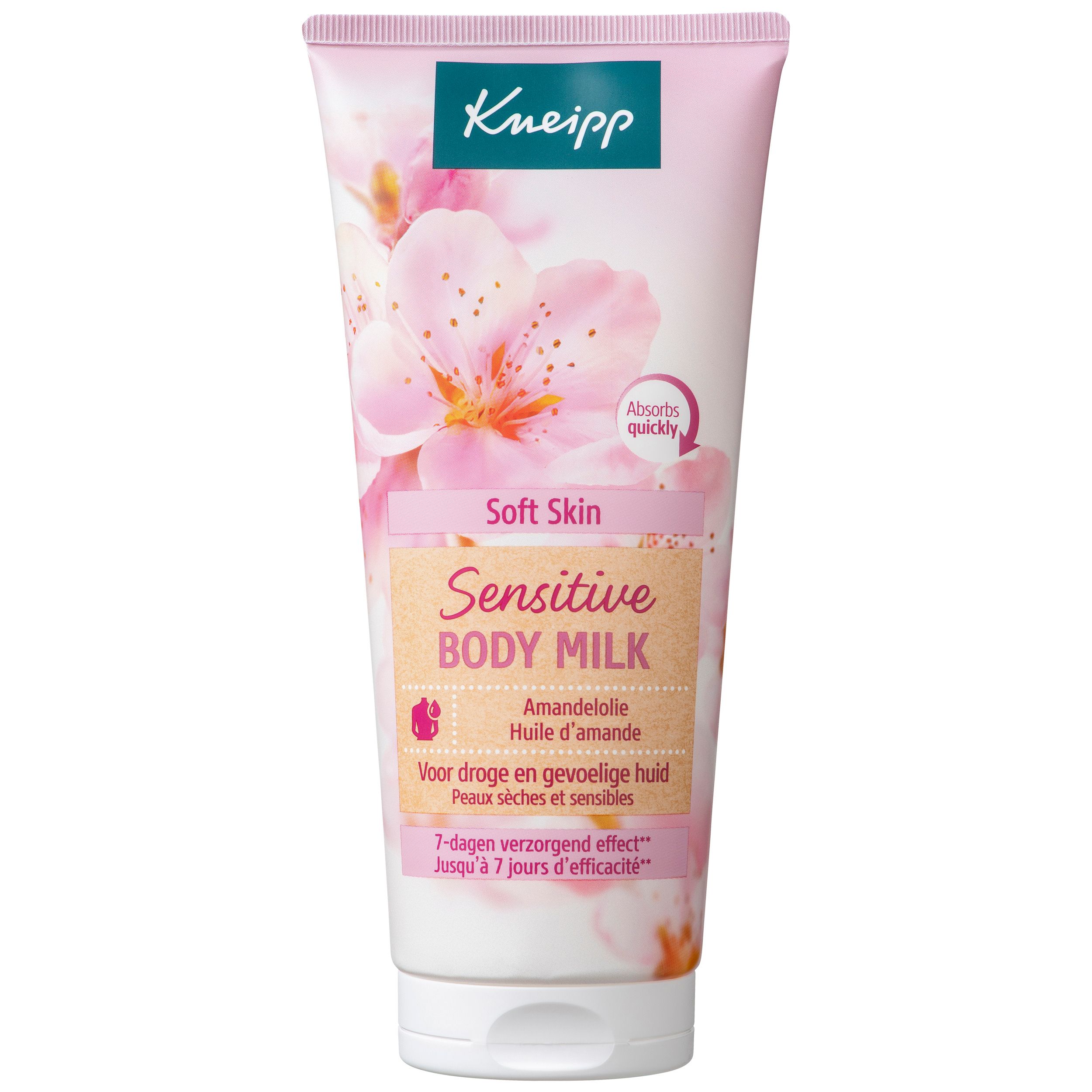 Kneipp® Mandelblüte Bodylotion. Roze tube met bloemenmotief. Tekst: Sensitive Body Milk, Amandelolie. Microplastic-vrij.