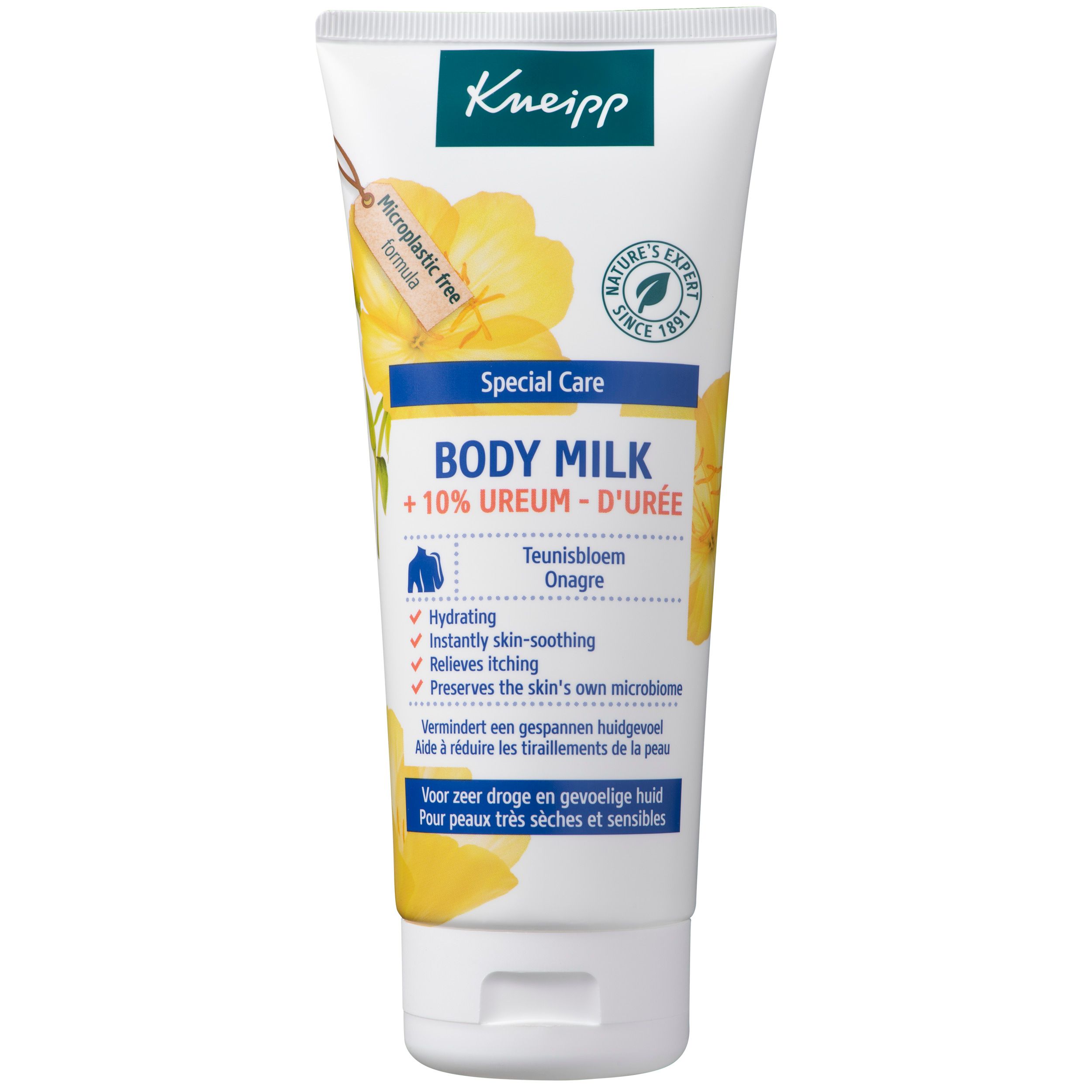 Witte tube met Kneipp-logo en productnaam: Body Milk + 10% Ureum - D'Urée. Bevat Teunisbloem. Met certificering.