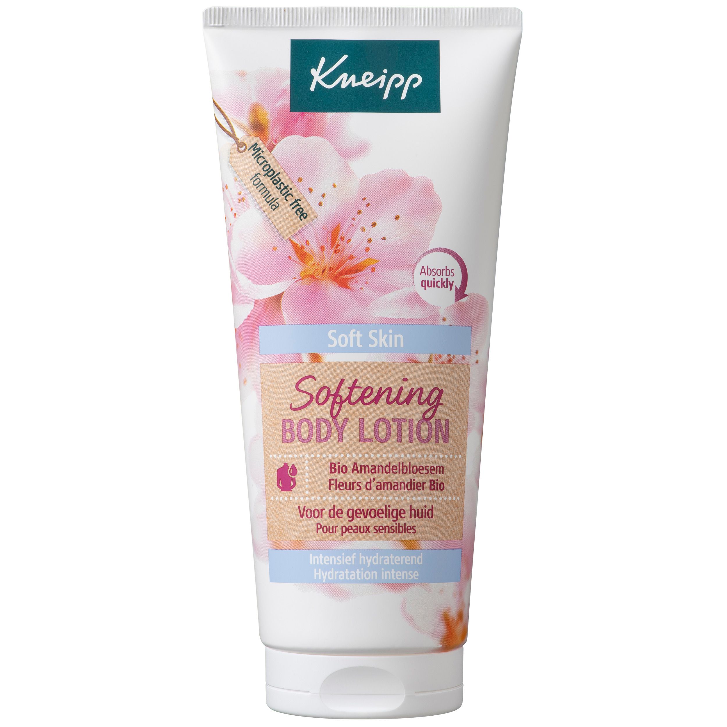 Kneipp bodylotion in tube. Opschrift: Soft Skin, Amandelbloesem, voor gevoelige huid. Microplastic-vrije formule.