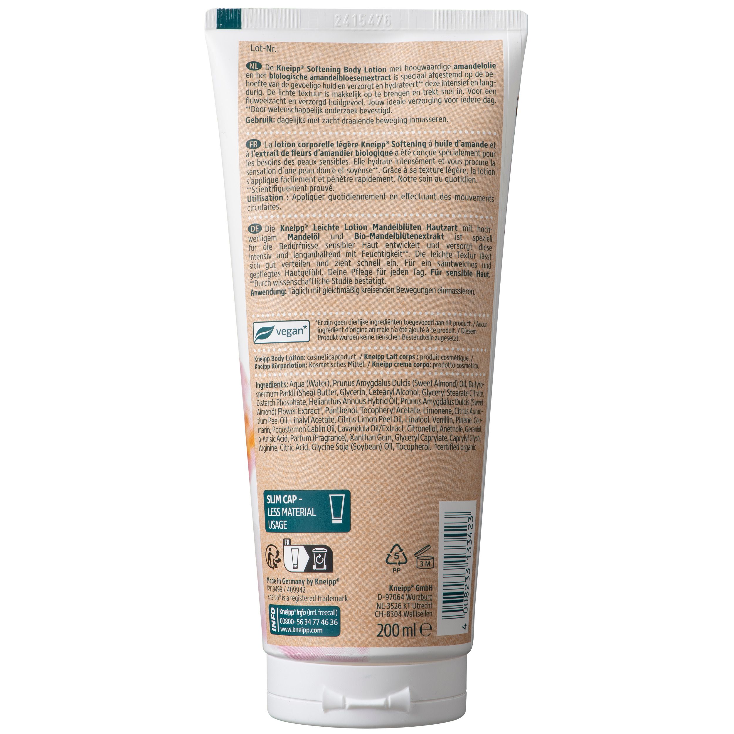 Achterkant van de bodylotion tube. Tekst: Wat we vertegenwoordigen. Vegan zegel. Ingrediënten. 200 ml. Fabrikantinformatie.