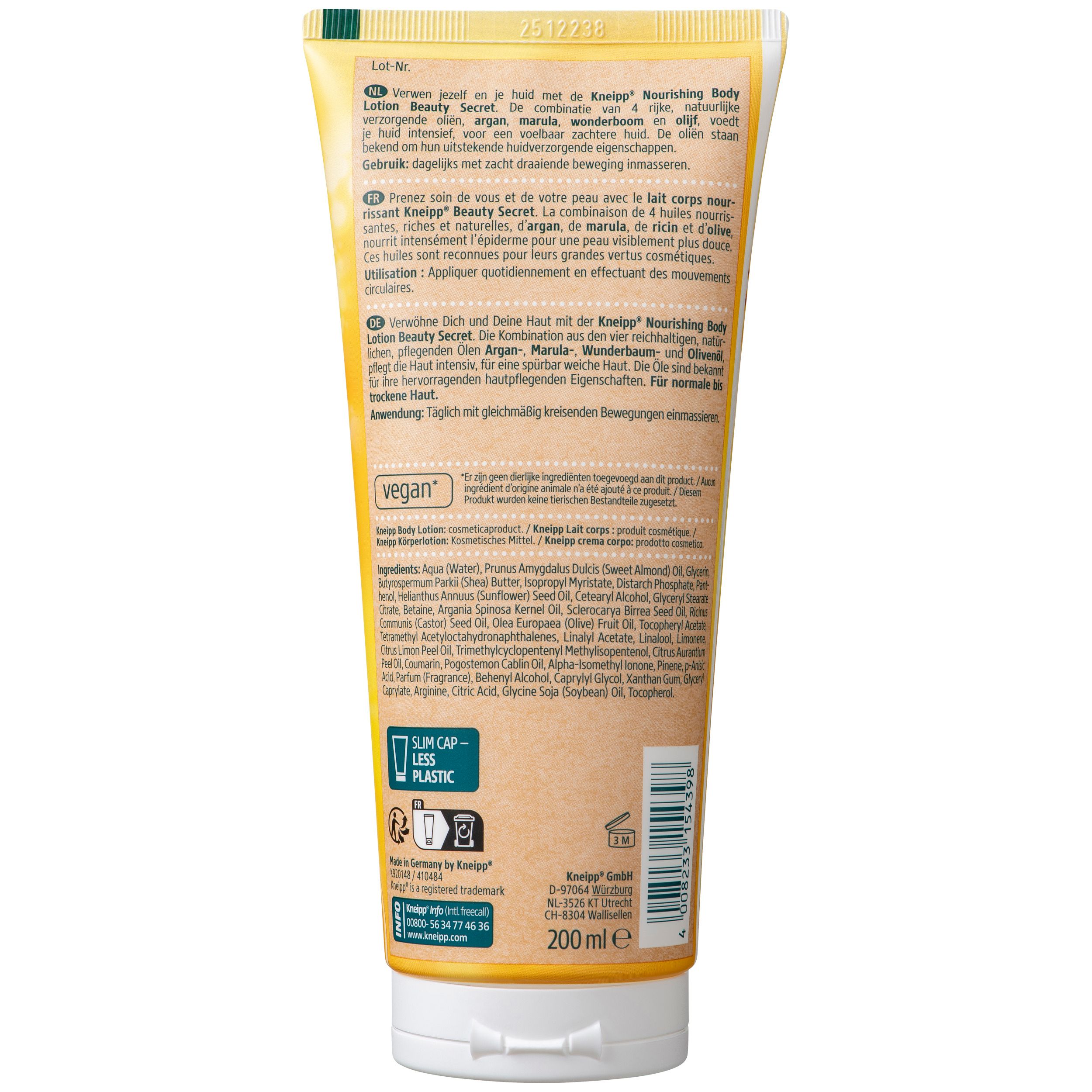 Achterkant van de Kneipp® Bodylotion Beauty Secret tube. Tekst: ingrediënten, 200 ml, vegan. Voor normale tot droge huid.