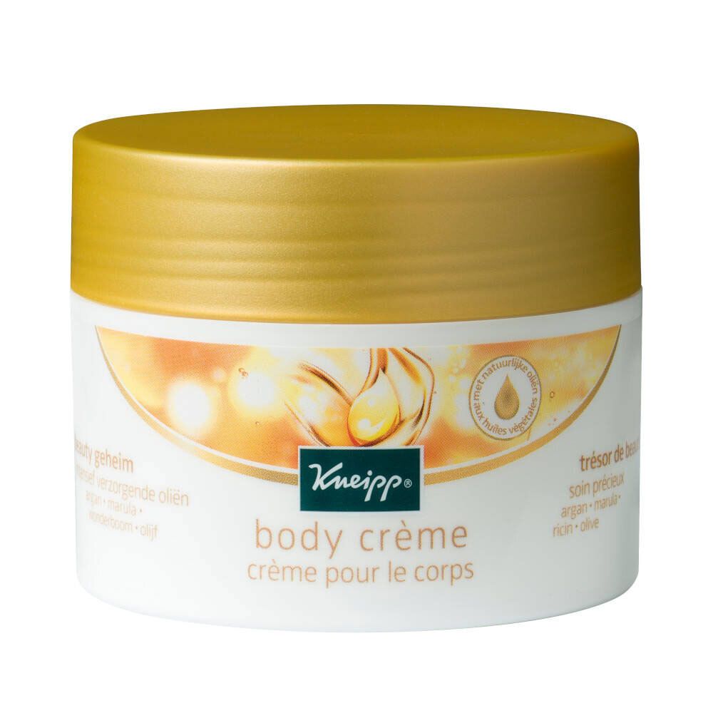 Witte pot met gouden deksel. Opschrift: Kneipp body crème. Illustratie van oliedruppels. Tekst in het Duits, Frans, Nederlands.