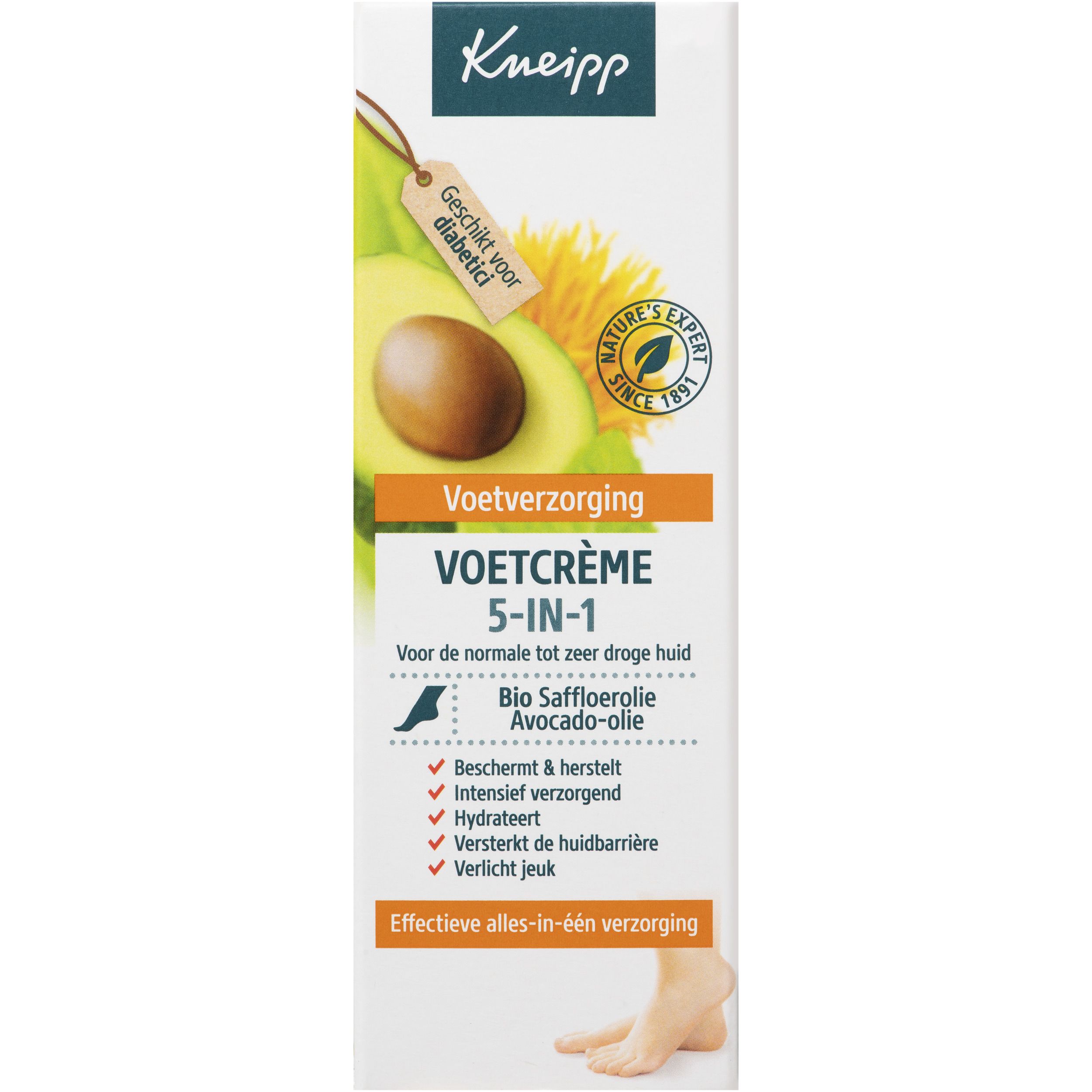Achterkant van de Kneipp 5in1 voetcrèmetube. Bevat plantaardige oliën, geen paraffine, dermatologisch getest, vegan, Made in Germany.