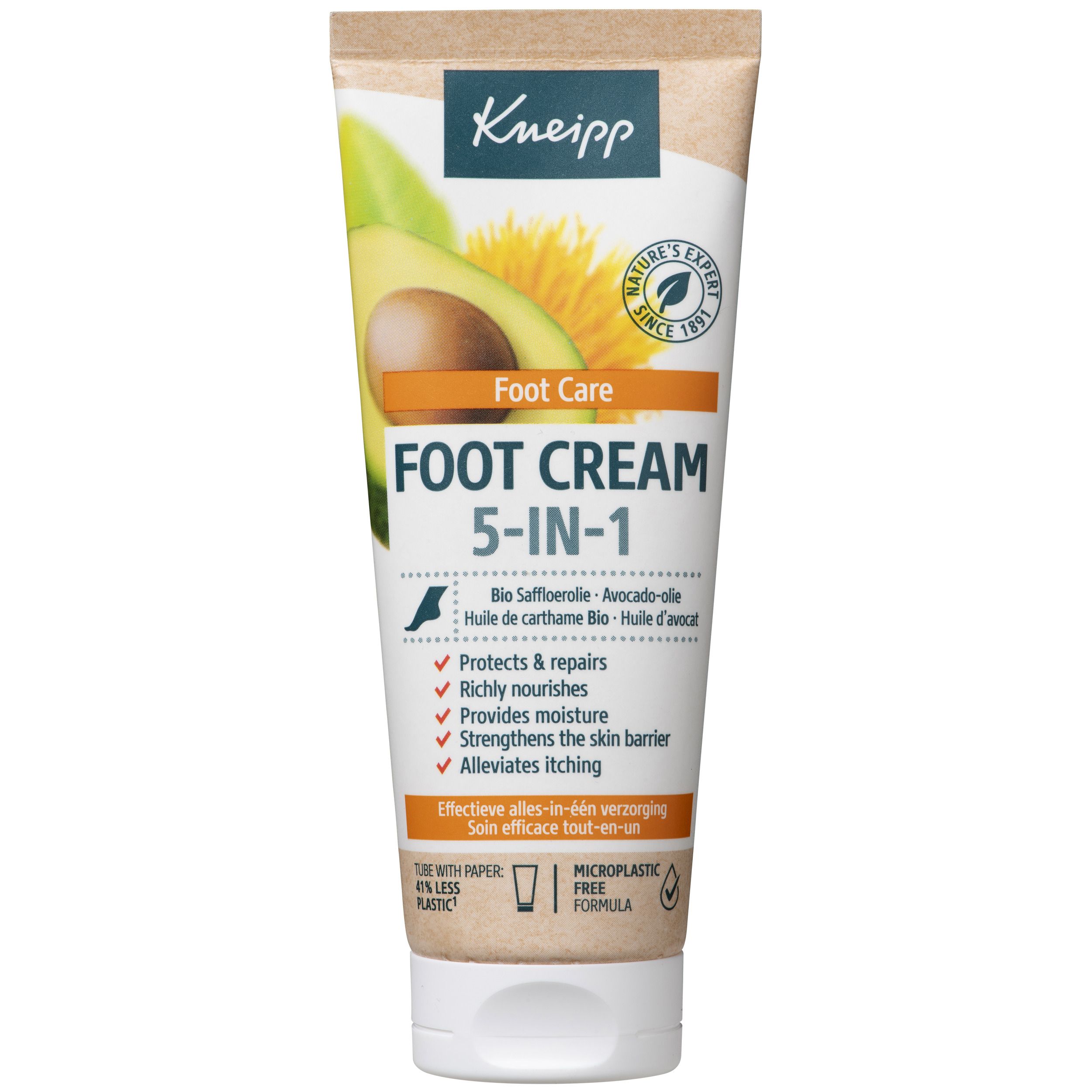 Kneipp 5in1 Voetcrème, tube en verpakking. Avocado- en saffloerolie. Voor de droge huid. Beschermt, hydrateert, verzacht jeuk.
