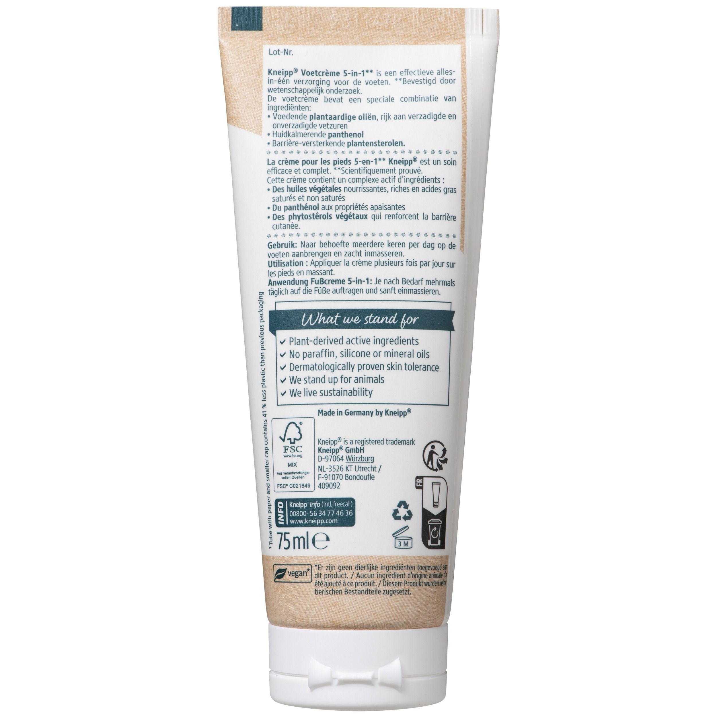 Achterkant van de Kneipp 5in1 voetcrèmetube. Bevat plantaardige oliën, geen paraffine, dermatologisch getest, vegan, Made in Germany.